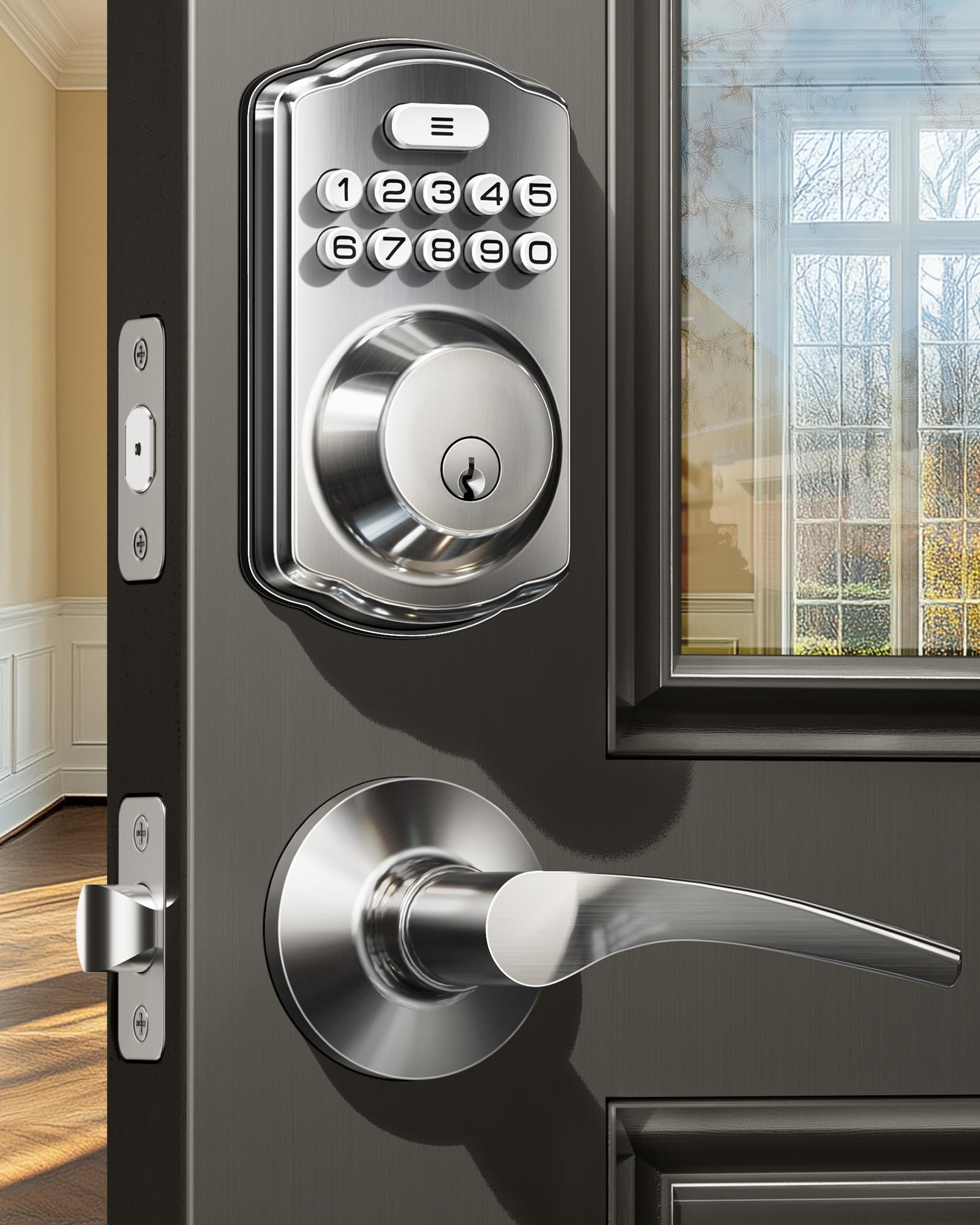 Oyezvary  Keyless Entry Door Lock with 2 Lever Handles Electronic Keypad Deadbolt Easy Installation Digital Smart Front Door Lock Set Satin Nickel