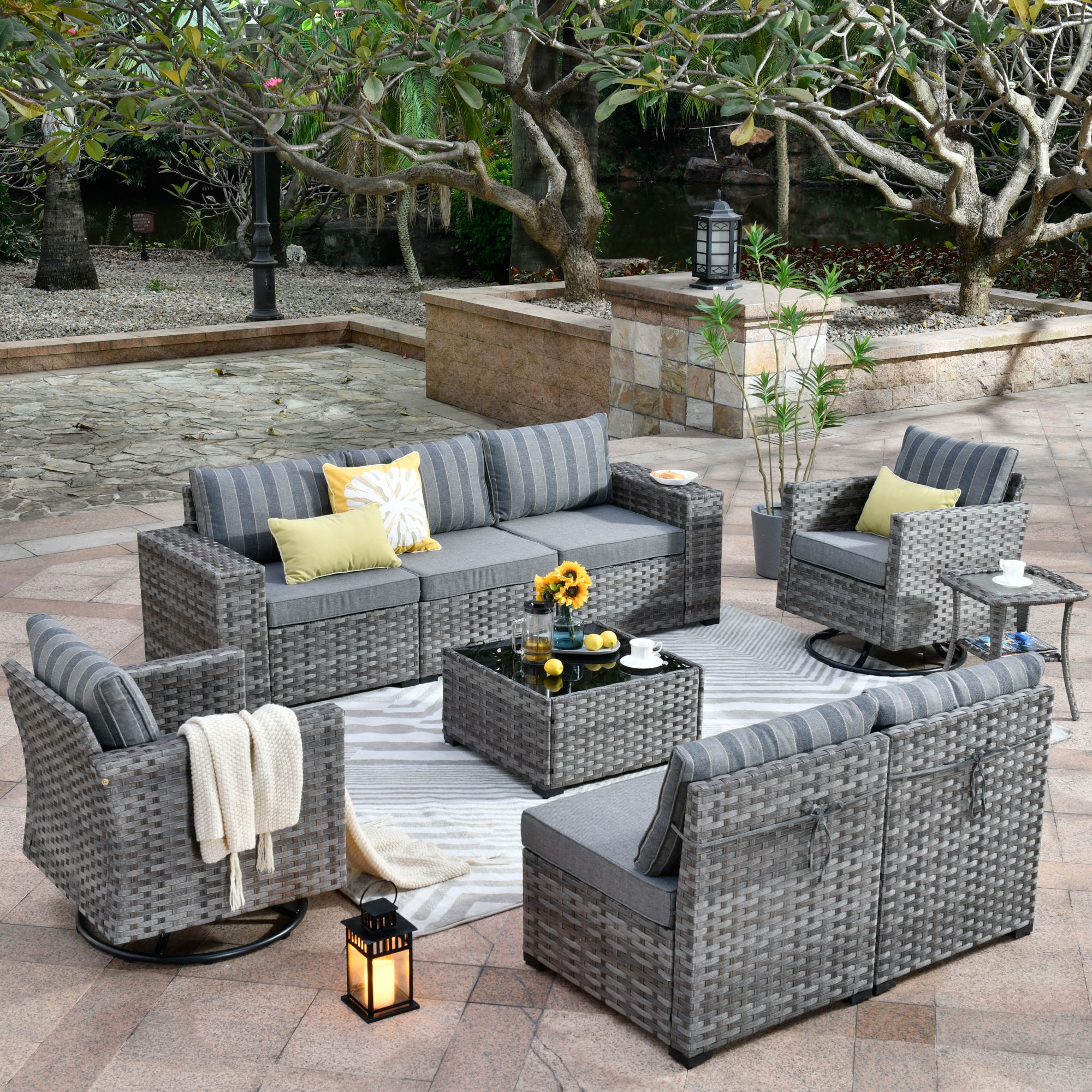 Pouuin 9-Piece Rattan Patio Conversation Set with Gray Cushions in the ...