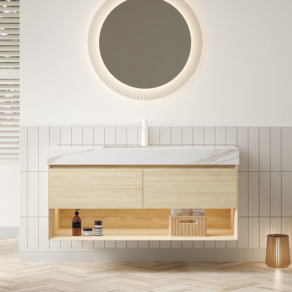 LOVMOR SF-WO-W2615S00294 FRIGGA 48 inch Floating Vanity Drawers Sensor Light Undermount Basin Travertine