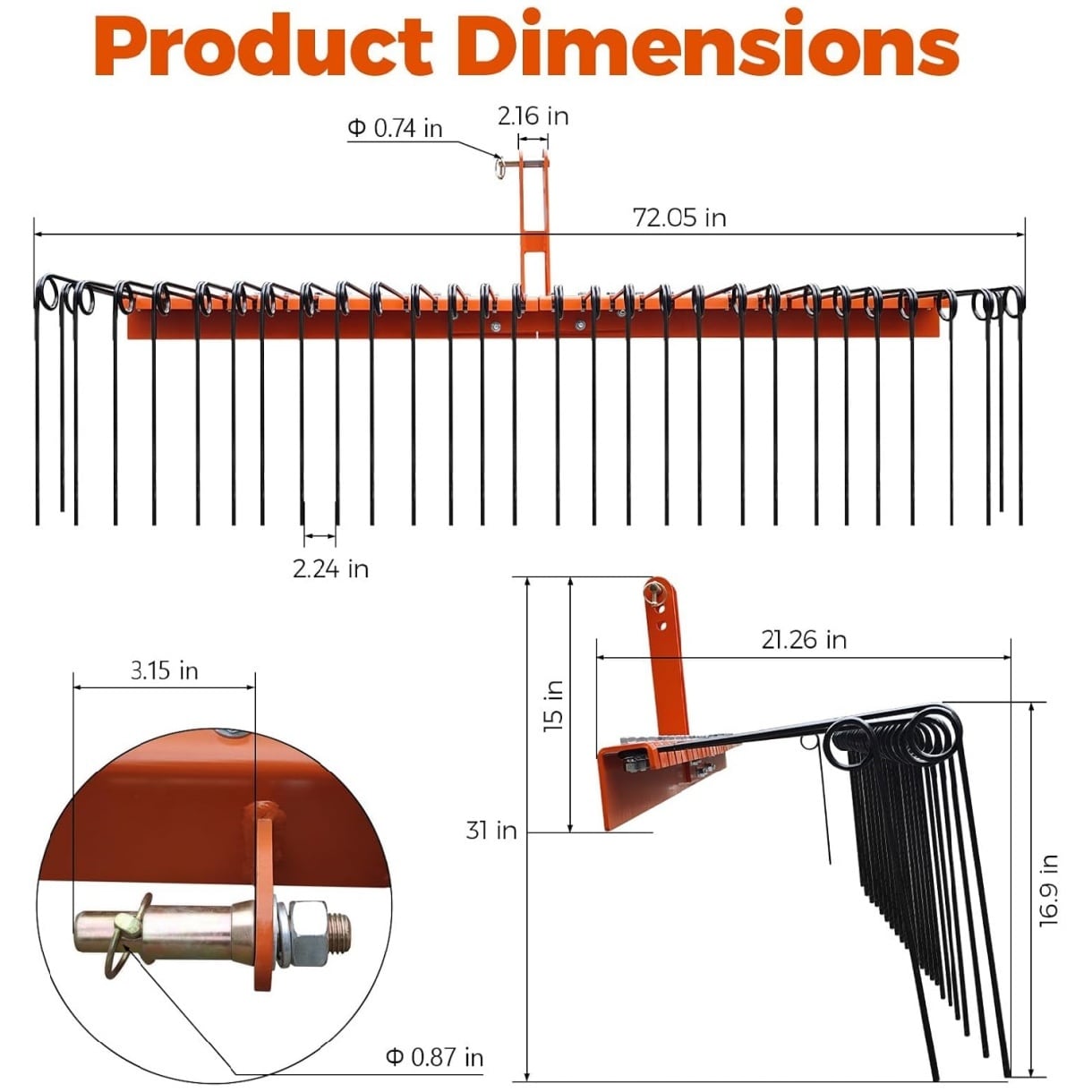 Garvee 72 Inch Spring Landscape Rake for Tractor 3 Point Pine Straw ...