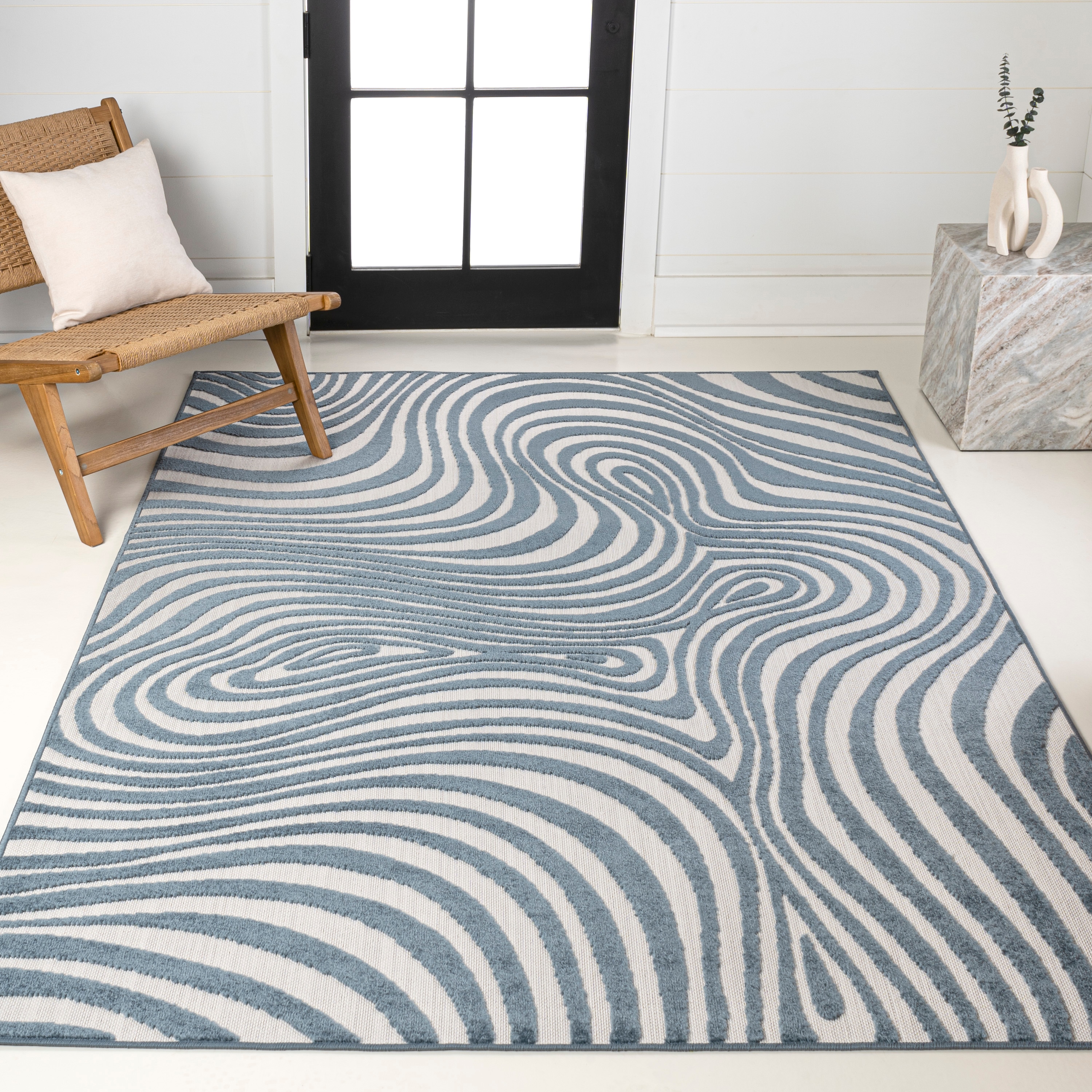 JONATHAN  Y SCN103E-8 SCANDINAVIAN Maribo High-Low Groovy 8 x 10 (ft) Loomed Polypropylene Dark Blue/Cream Rectangular Indoor/Outdoor Stripe Bohemian/Eclectic Area rug