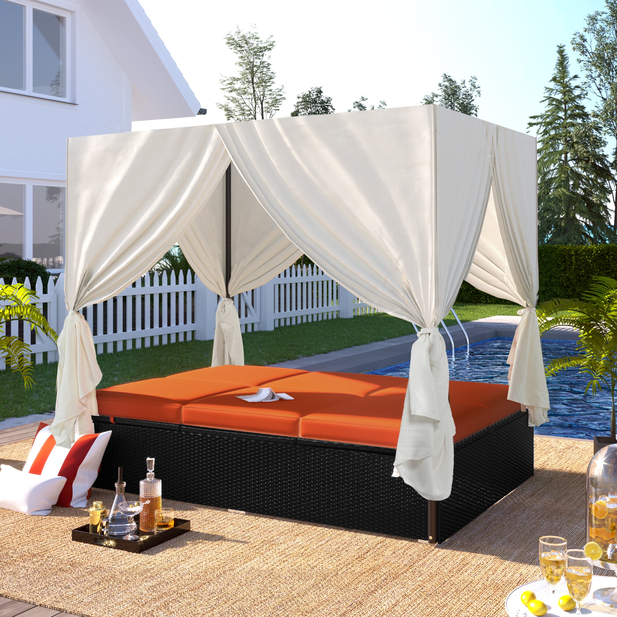GDFStudio 333171 Outdoor Rattan Sunbed Daybed with Adjustable Canopy Patio Wicker Lounge Bed for Poolside Garden