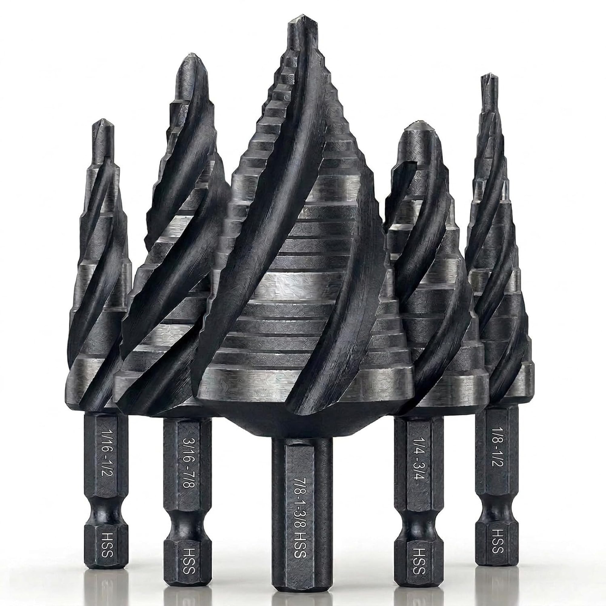 Angel Sar 5 Pcs Four Spiral Flute Step Drill Bit Set 1/8 to 1/ 3/8 in HSS Unibit with 1 4 and 3 8 in Quick Change Hex Shank for Metal Wood Electrical Auto Repair