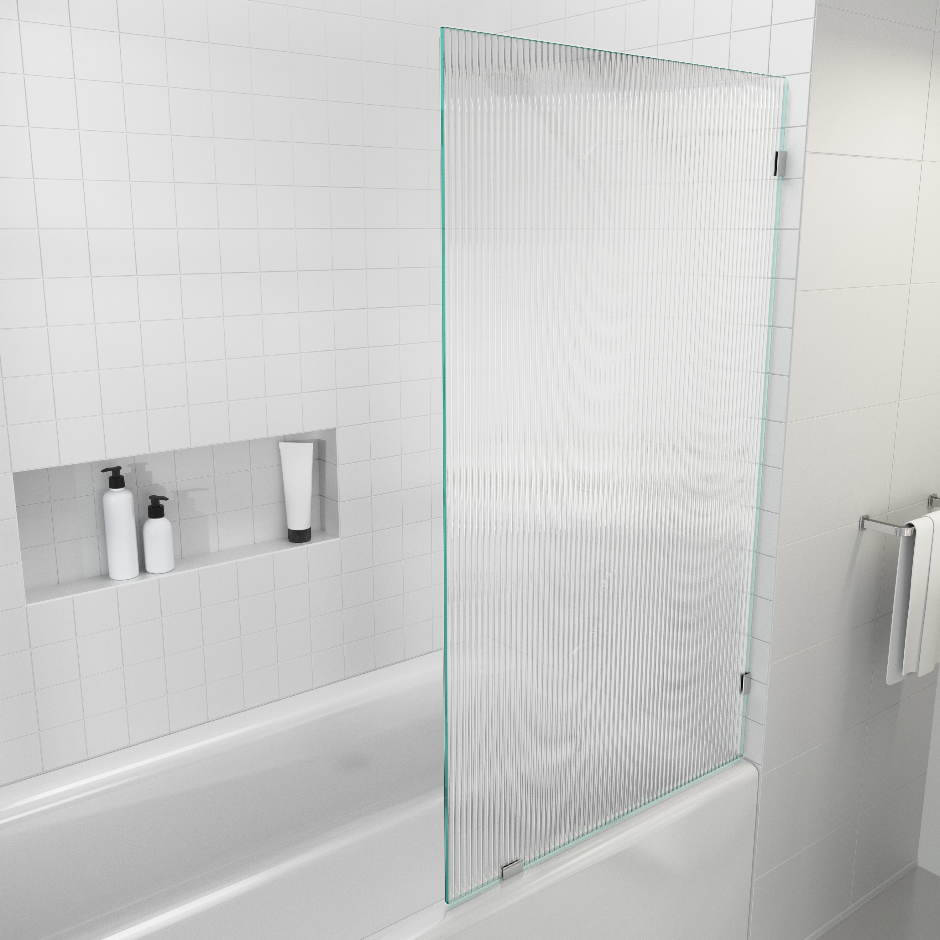 Glass Warehouse B-FL-34-CH Gaia Polished Chrome 34-in W x 58.25-in H Frameless Fixed Bathtub door 3/8-in Thick Fluted Glass