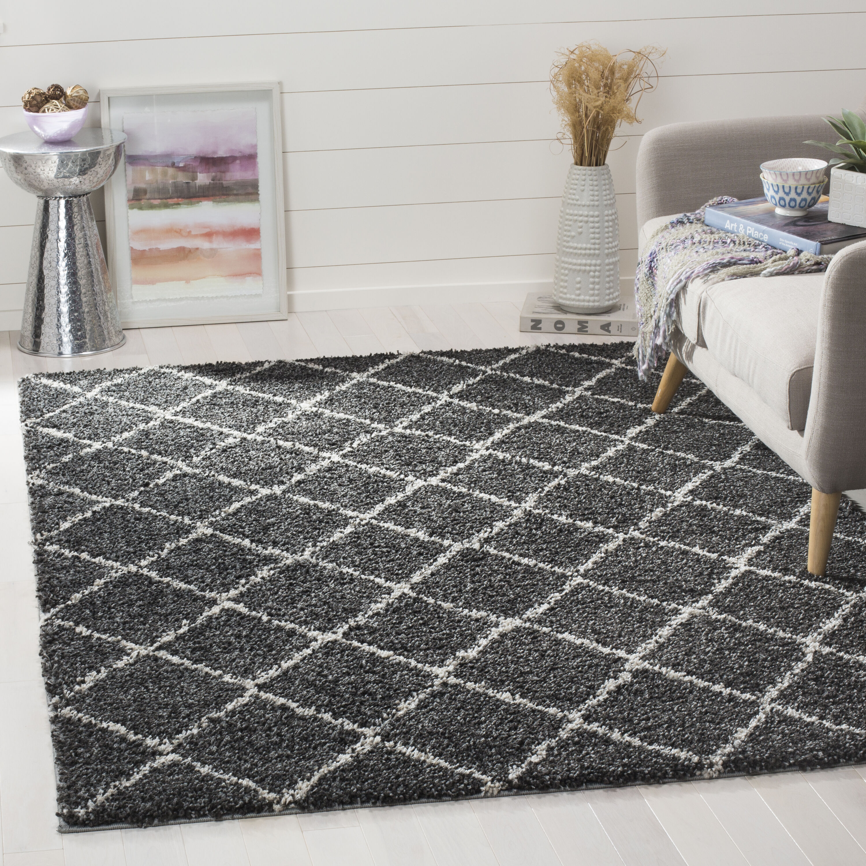 Safavieh ASG742C-5 Arizona Minerva Shag 5 x 8 (ft) Loomed Polypropylene Anthracite/Beige Rectangular Indoor Trellis Farmhouse/Cottage Area rug