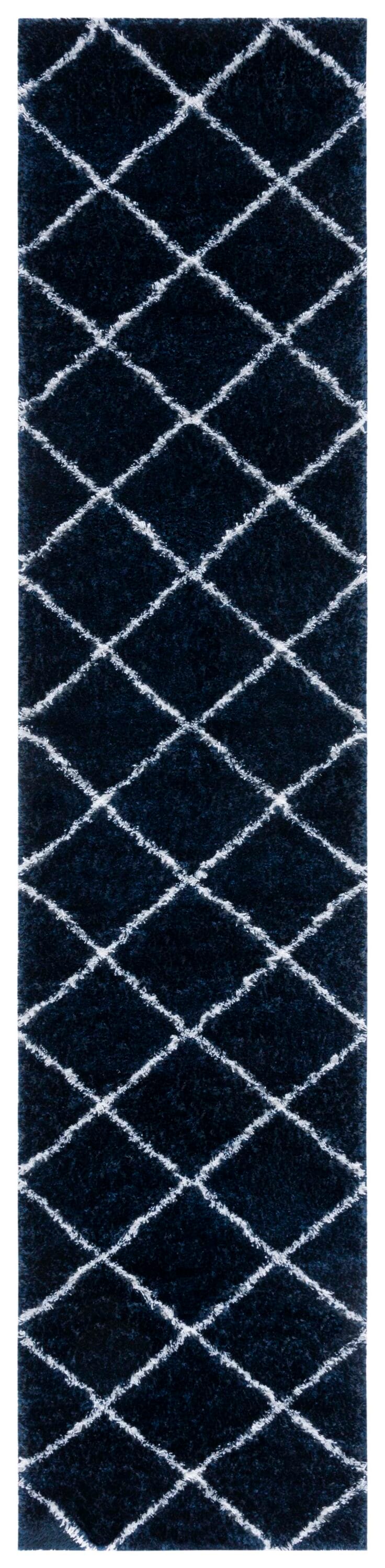 Navy and White Geometric Shag Runner Rug, 2' x 9'