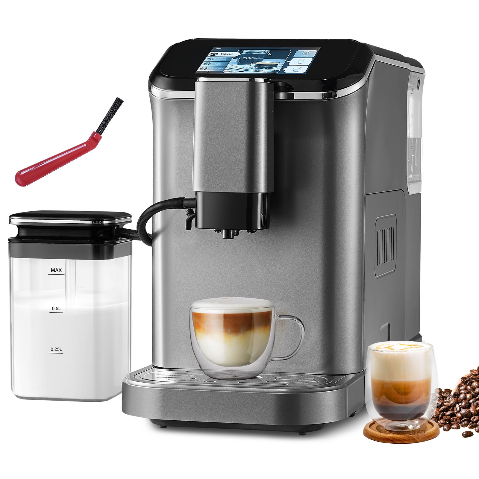 VEVOR SCQZDYSKFJQZ03853V1 Fully Automatic Espresso Machine - with Automatic Milk Frother 20 Bar Super-Automatic Cappuccino Latte Machine with TFT Touch Screen Grinder 15 Grinding Levels and Removable Milk Reservoir