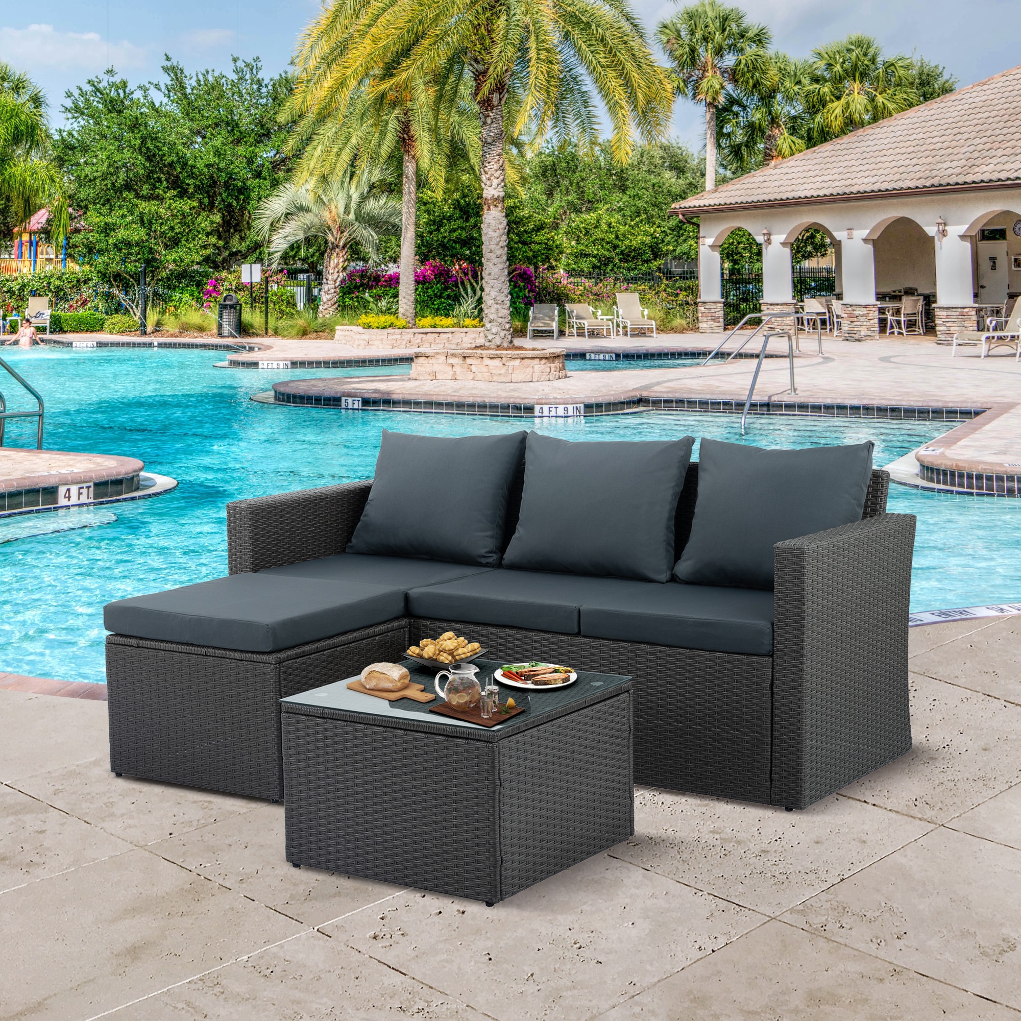 Bayfeve BF-N001-LH Outdoor PE Wicker Furniture Set 3-Piece Rattan Patio Conversation Set with Gray Cushions