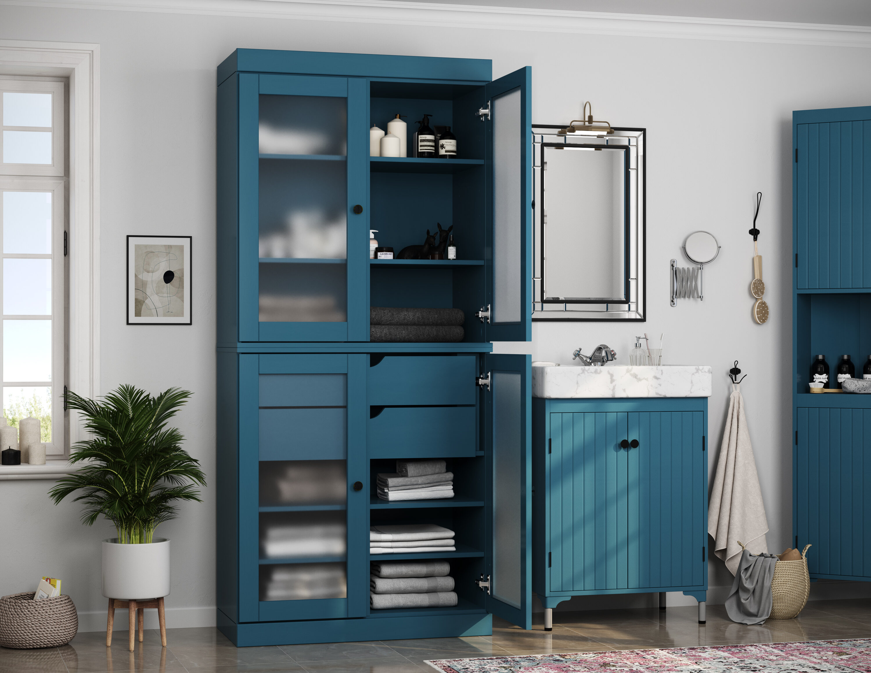 Palace Imports Solid Wood Tall Modular Frosted Glass Bathroom Linen Laundry Room Storage Cabinet with 2 Drawers