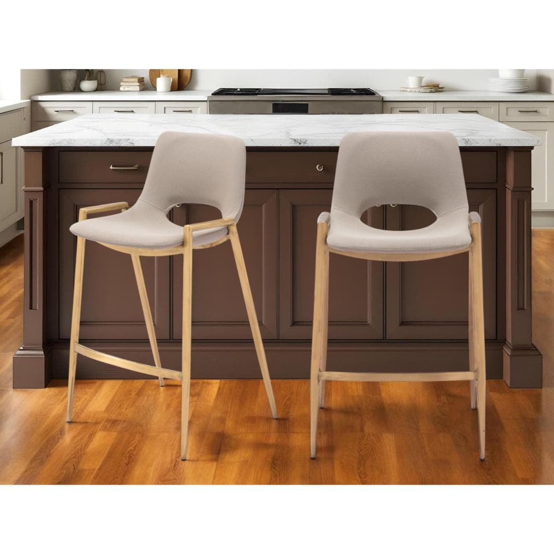 HomeRoots Beige, Gold 1-in H Counter height Upholstered Metal Bar Stool 2 -Pack