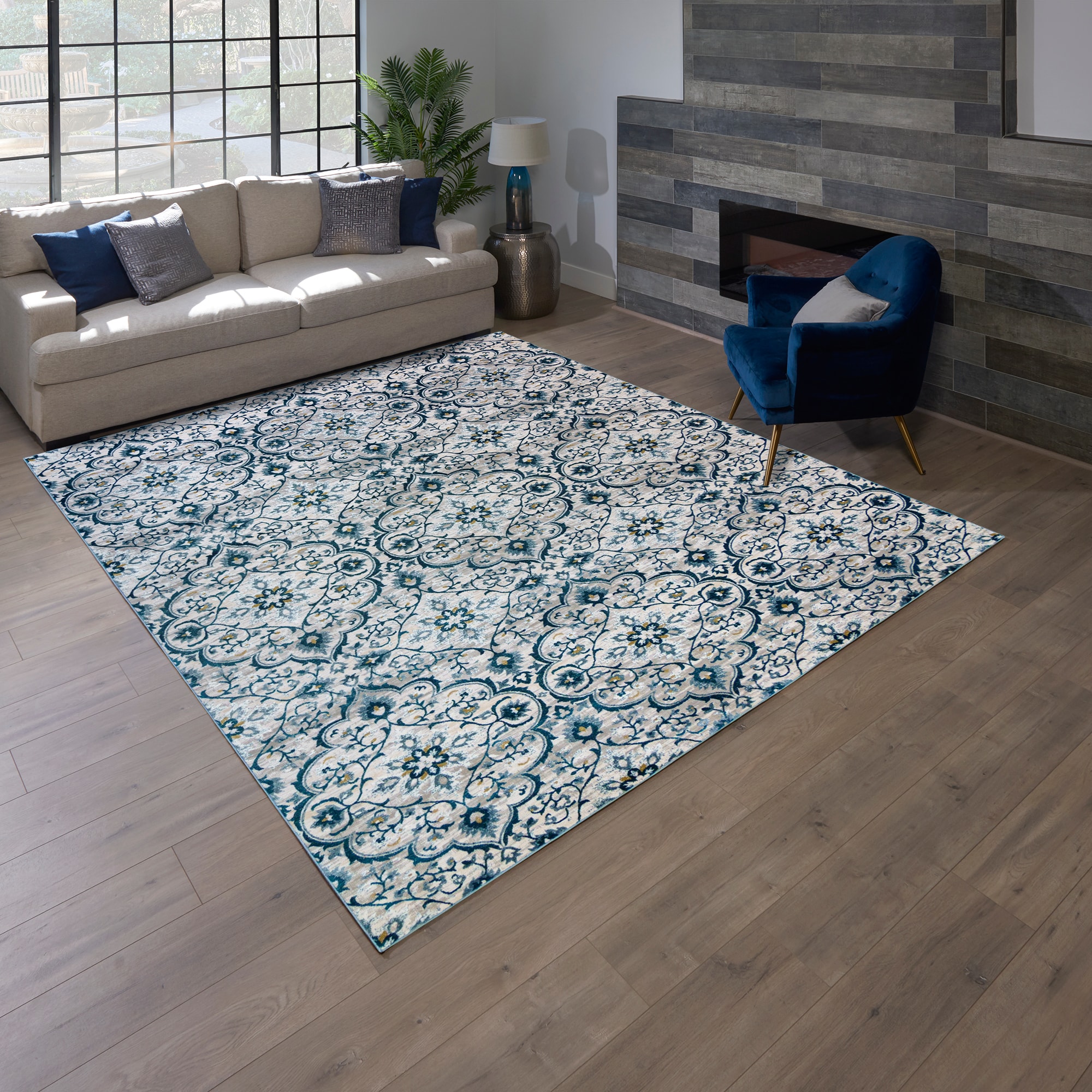 GERTMENIAN 19824 Quattro Tunny 9 x 12 (ft) Loomed Polyester Tunny Blue Rectangular Indoor Medallion Area rug
