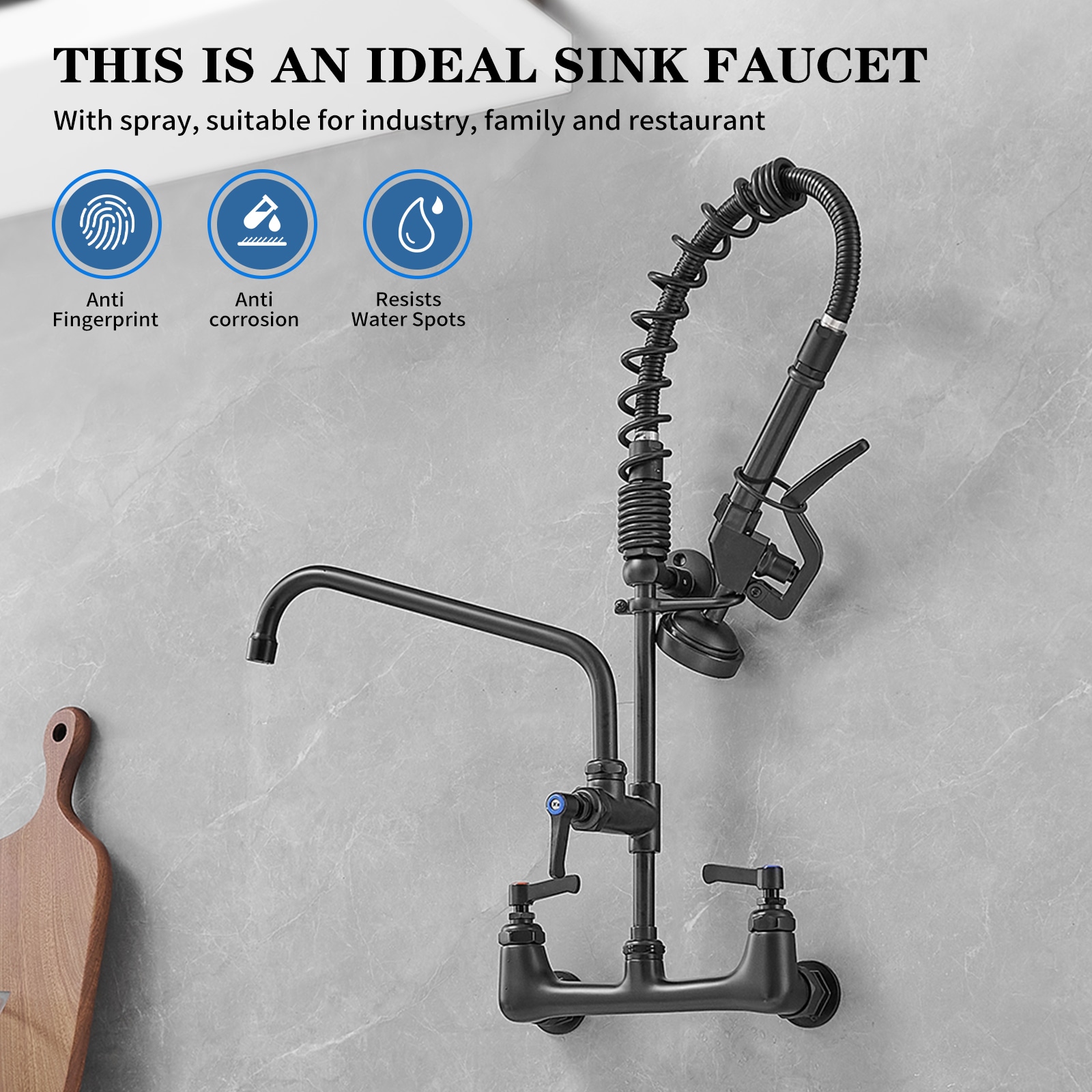 Matte Black Stainless Steel Wall-Mount Pull-Down Kitchen Faucet