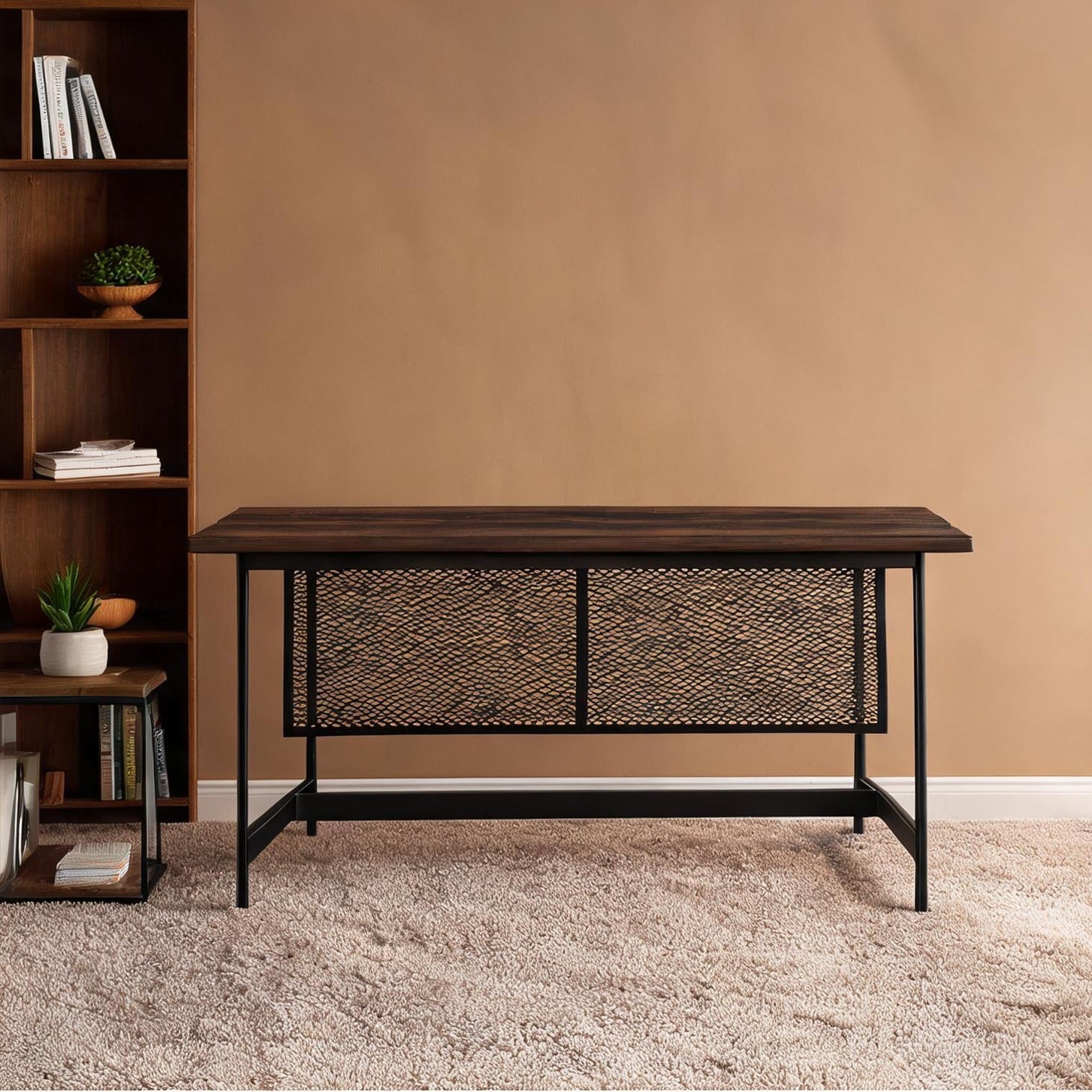 FlowLuxe - Brown Engineered Wood Desk for Living Room with Remote Operation and Metal Frame