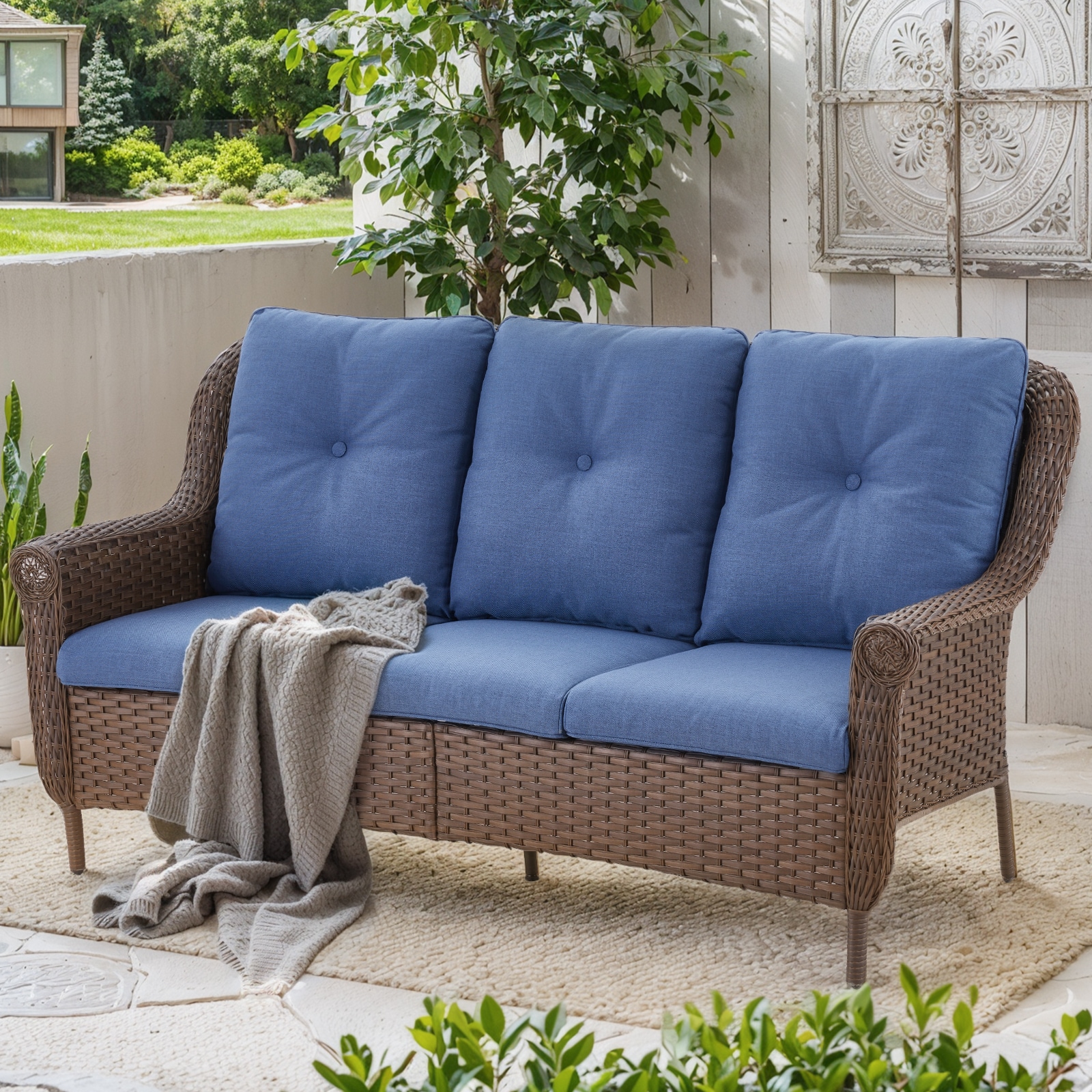  PASPBR13-1 PASOFA-T Wicker Outdoor Sofa with Navy Cushions and Steel Frame