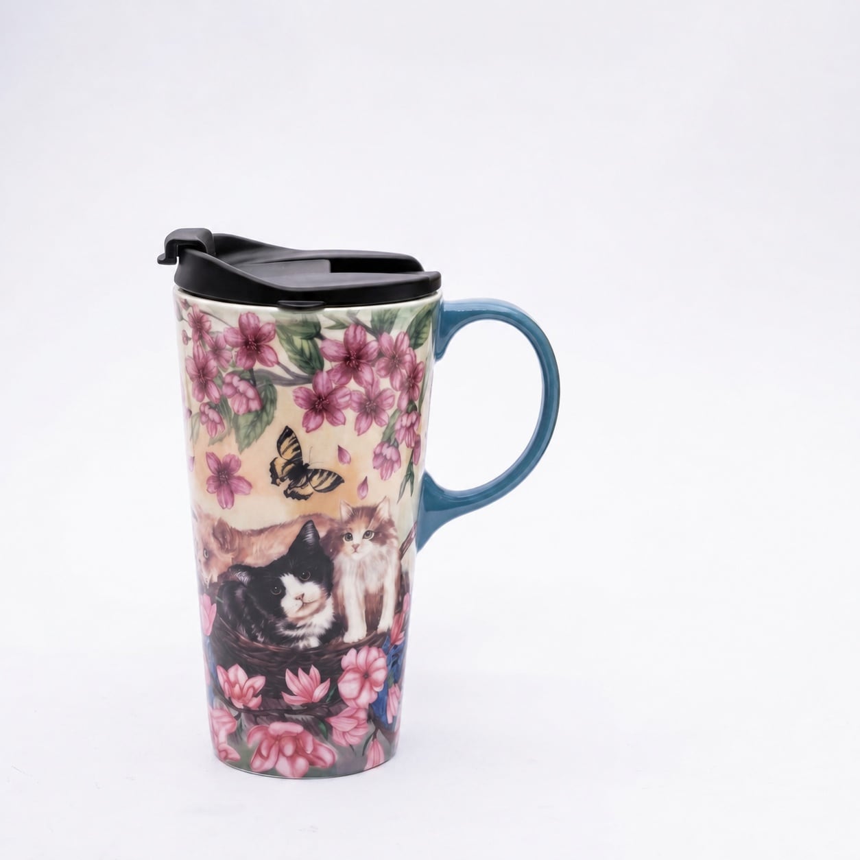 Aoibox  17 oz Flower and Cat Ceramic Coffee Mug with Lid White Porcelain Tea Cup for Home and Office