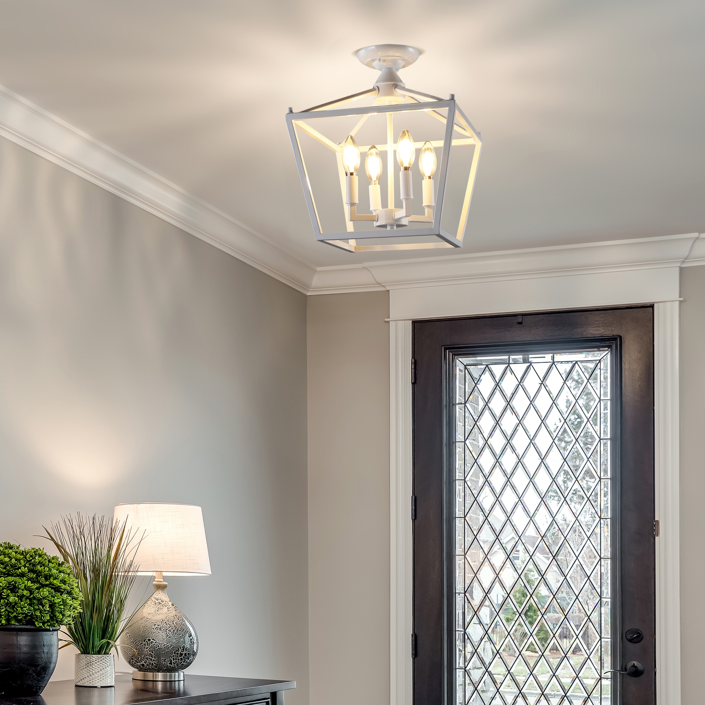 White Iron Farmhouse LED Lantern Flush Mount Light