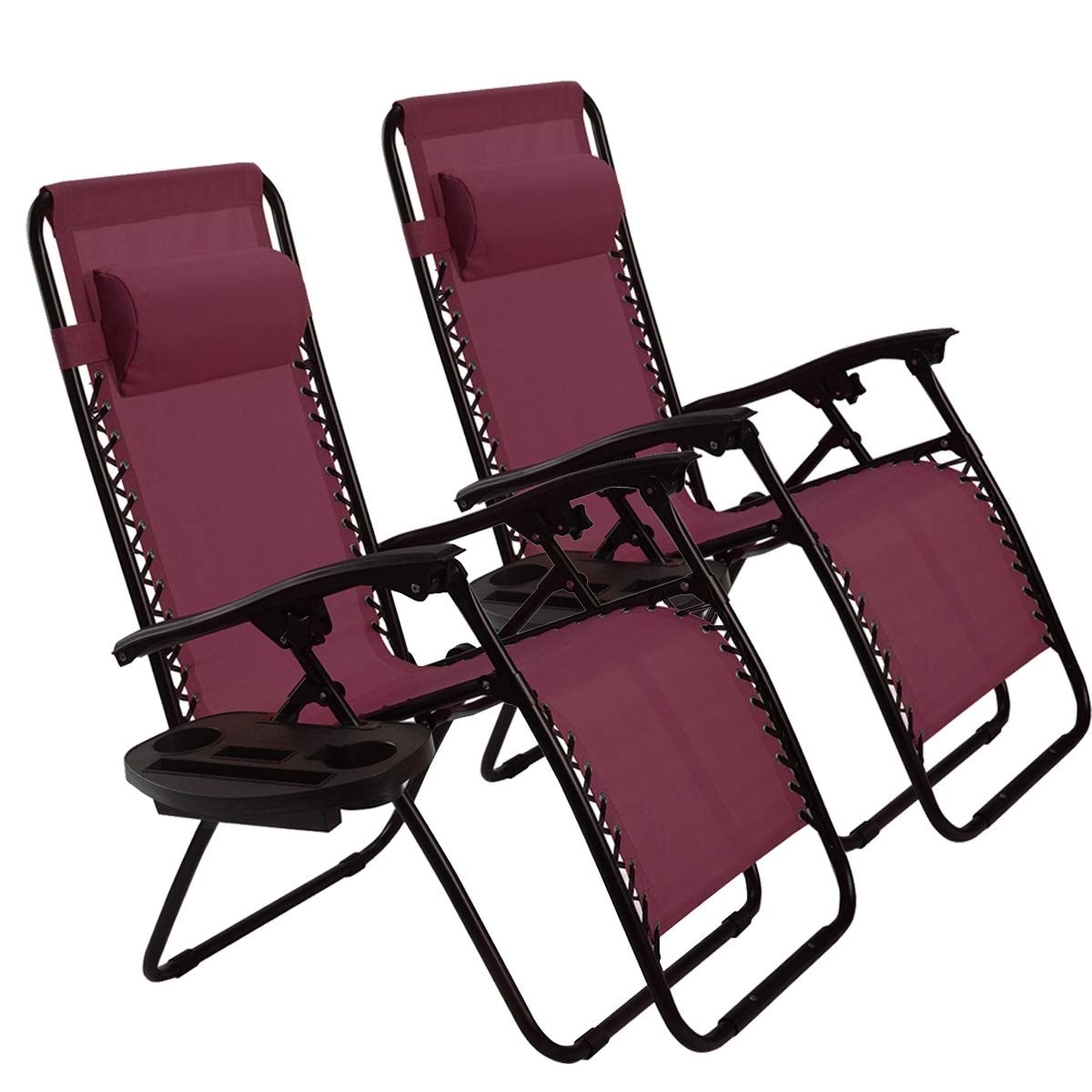 CASAINC WF-OP70528-2WN 2 Pcs Folding Lounge Chair with Zero Gravity -Wine Set of 2 Black Steel Frame Stationary Zero Gravity Chair with Red Sling Seat
