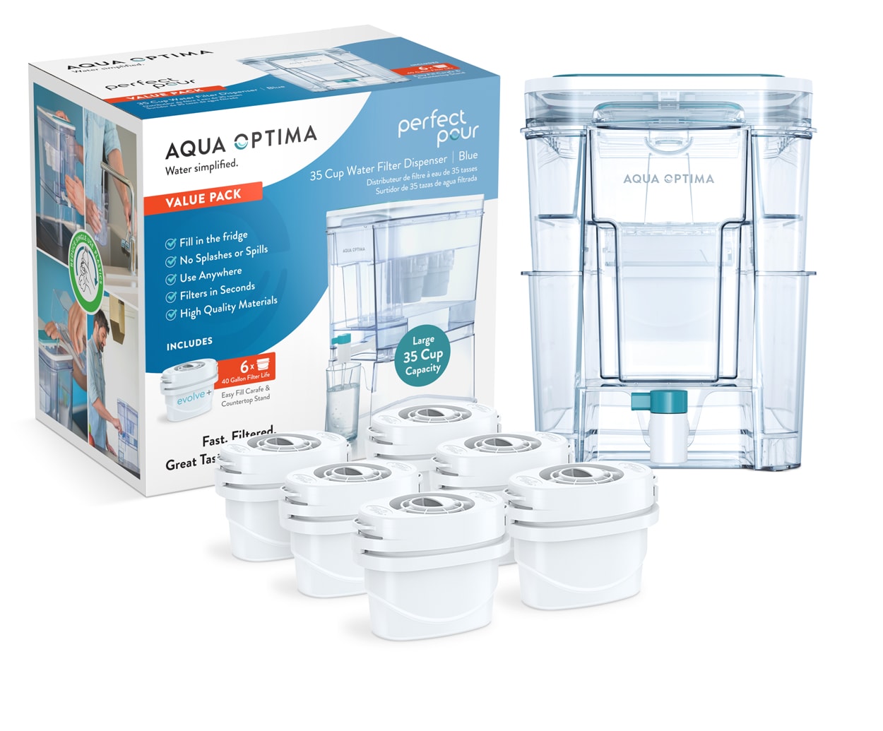 Perfect Pour XL 35-Cup Blue Water Filter Dispenser with Evolve+ Filters