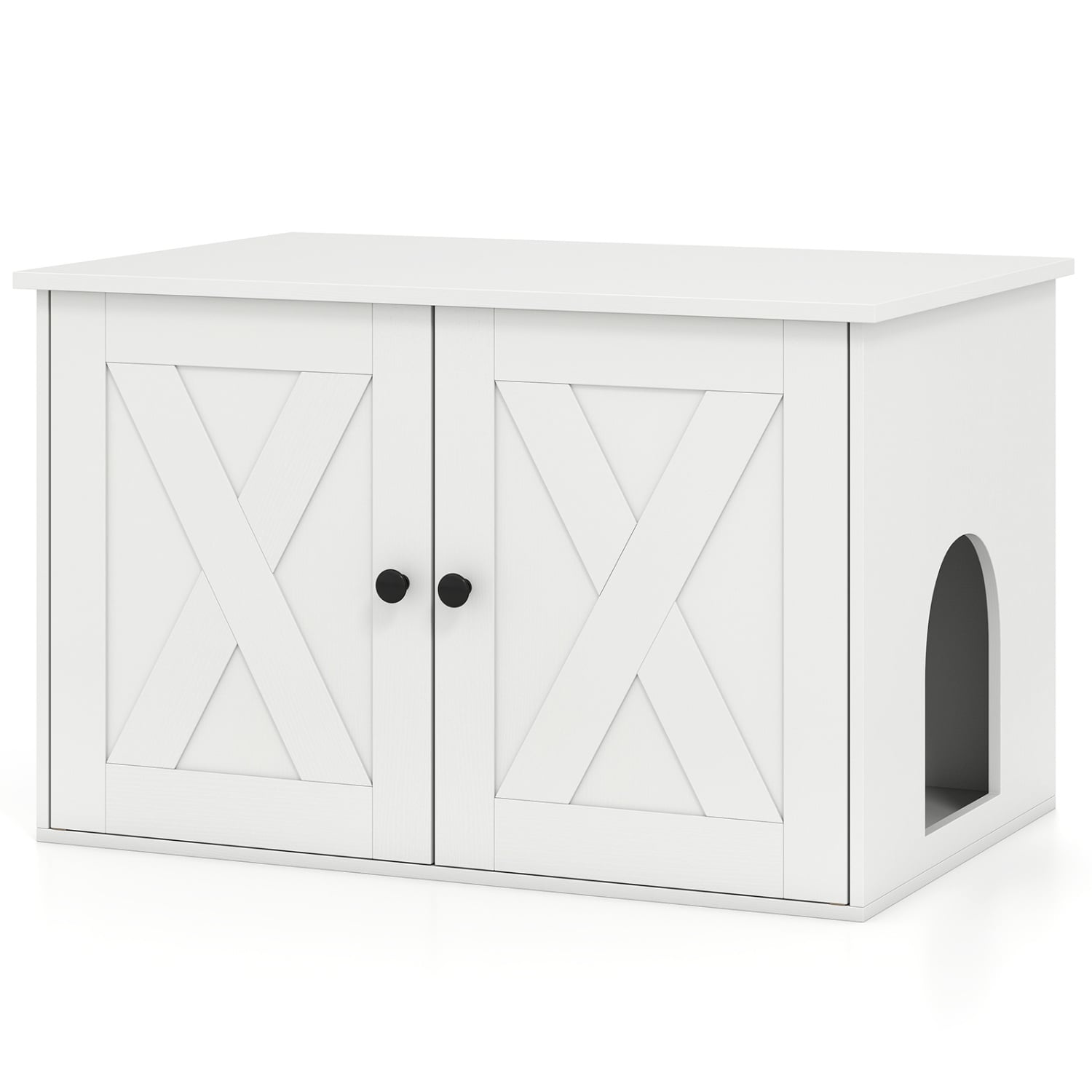 Slickblue - Hidden Oak/White Cat Litter Box with Double Door Compartment Sorter Cabinet for Livin...