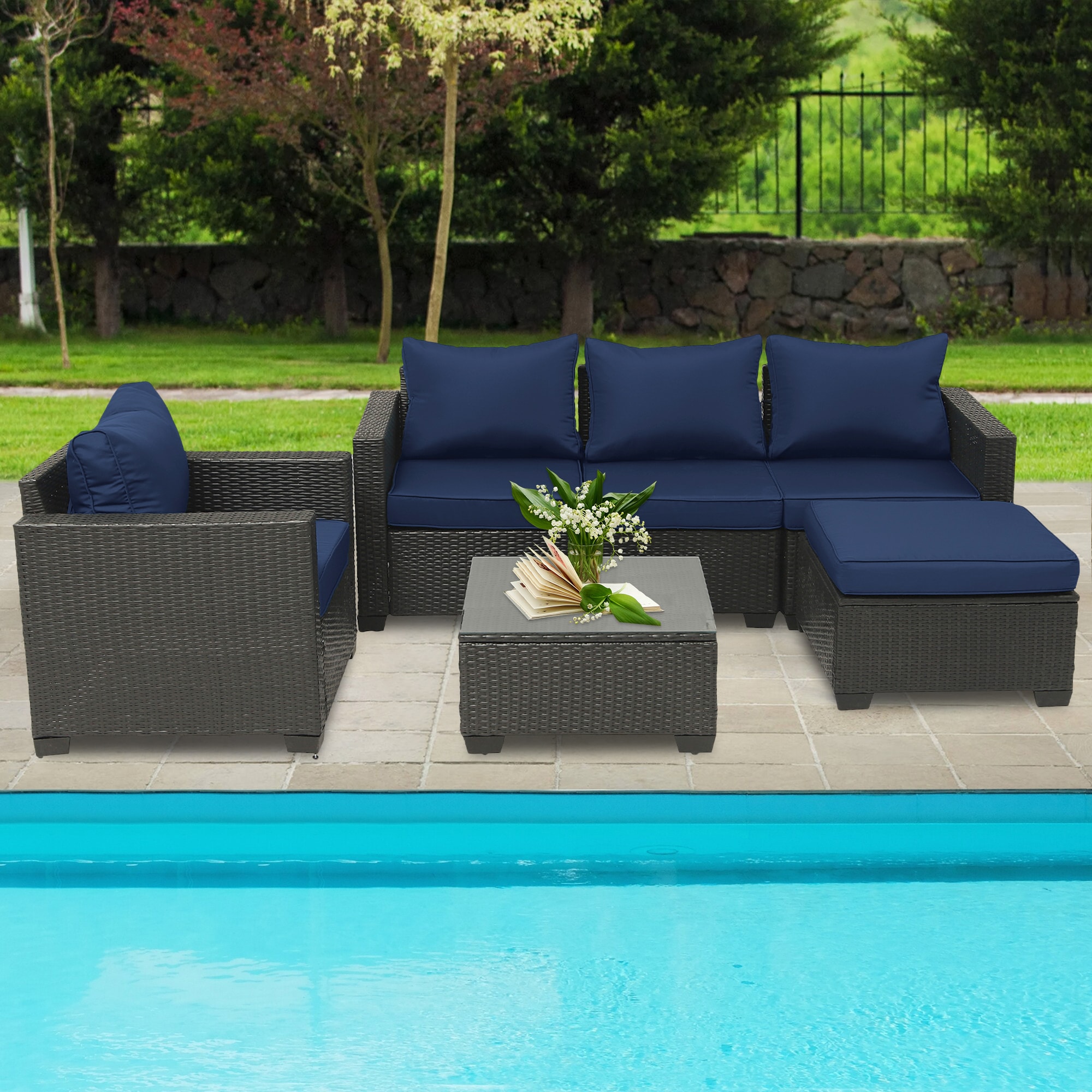 Runesay QCPATIO-26 Conversation Set Wicker Outdoor Sectional with Navy Cushions and Steel Frame