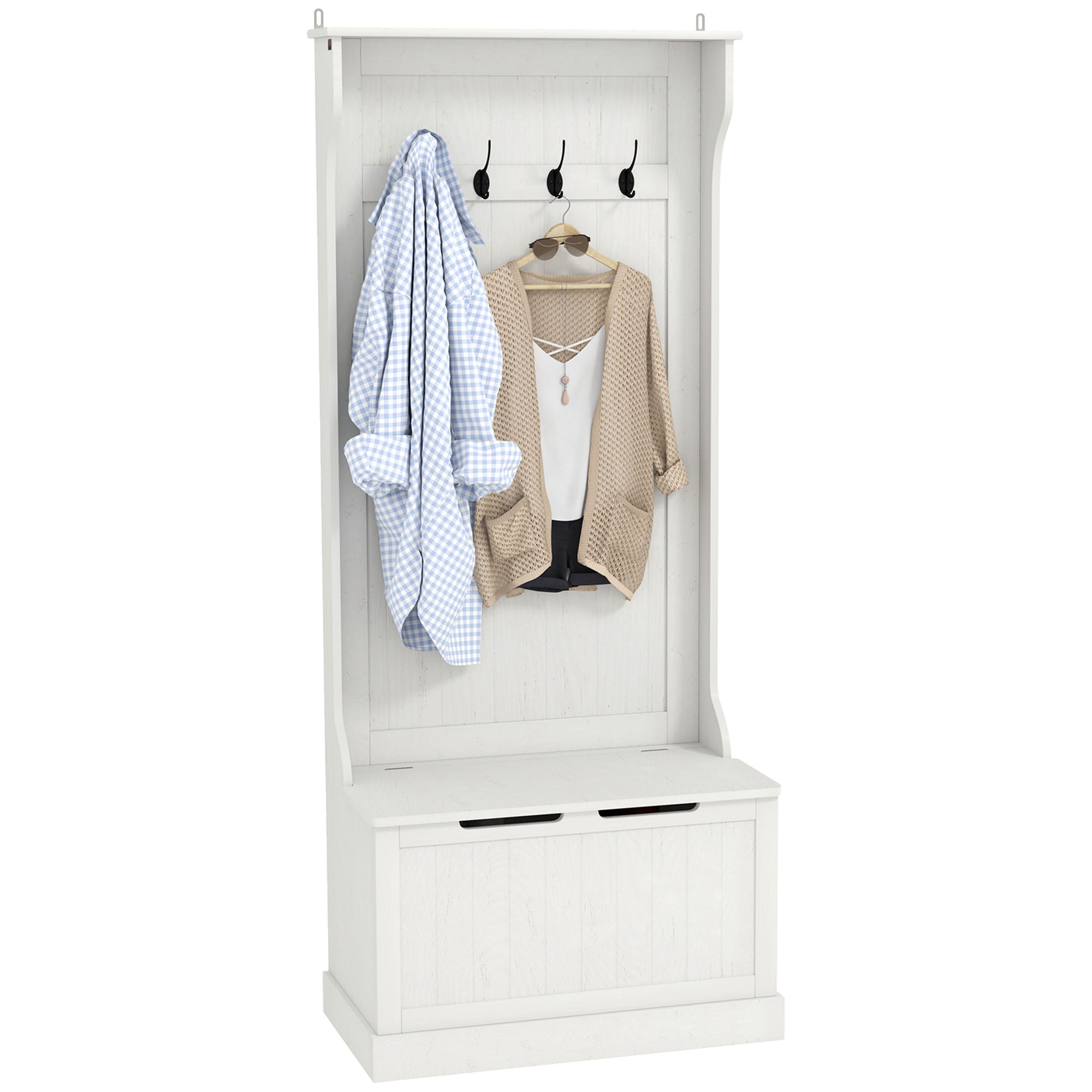HomCom 837-031V80WT Hall Tree with Bench and Shoe Storage and 3-1 Entryway Bench with Coat Rack and 4 Hooks and Flip Top Storage Compartment Cream White