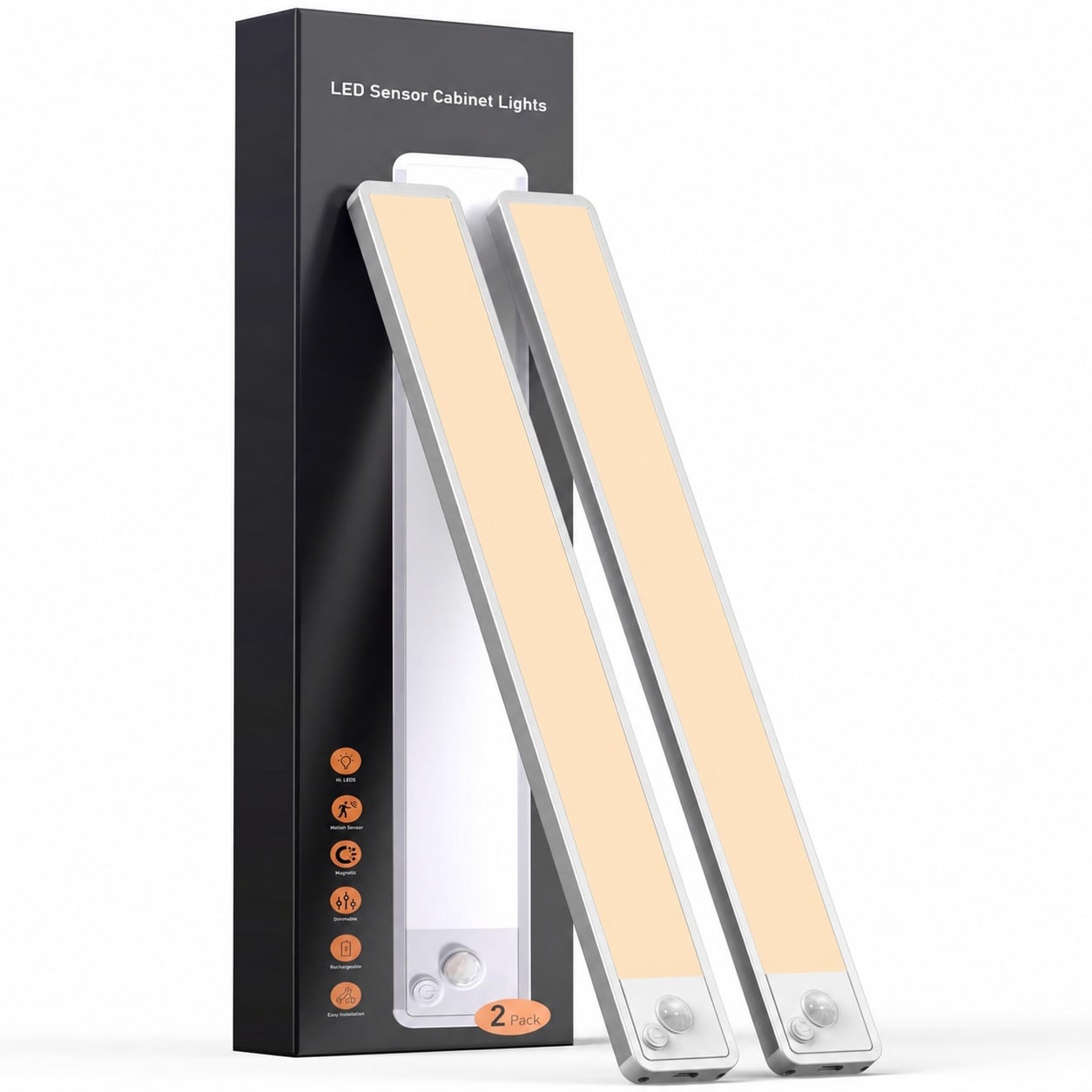 Aoibox  2 Pack 14 in Warm White LED Motion Sensor Magnetic Under Cabinet Lights for Indoor Kitchens and Stairs