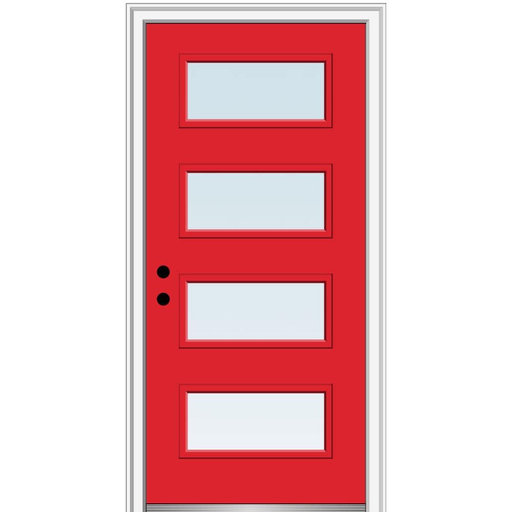 MMI DOOR ZZ348285R Spotlights 32-in x 80-in x 6-9/16-in Fiberglass Pulse lite Right-hand inswing Red Saffron Painted Prehung Front Door with Brickmould Insulating core