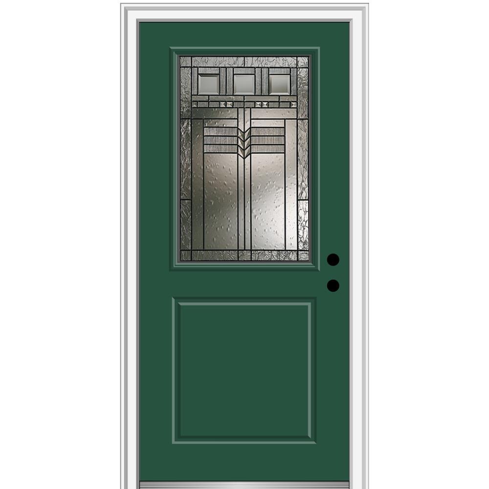 MMI DOOR ZZ3664043L 36-in x 80-in x 4-9/16-in Fiberglass Half lite Left-hand inswing Hunter Green Painted Prehung Front Door with Brickmould Insulating core