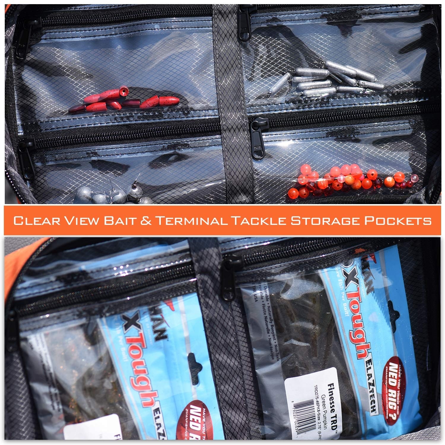 Etokfoks  fishing tackle bag 13 4x9x4in 420d rip stop nylon six zippered sleeves water resistant freshwater and saltwater