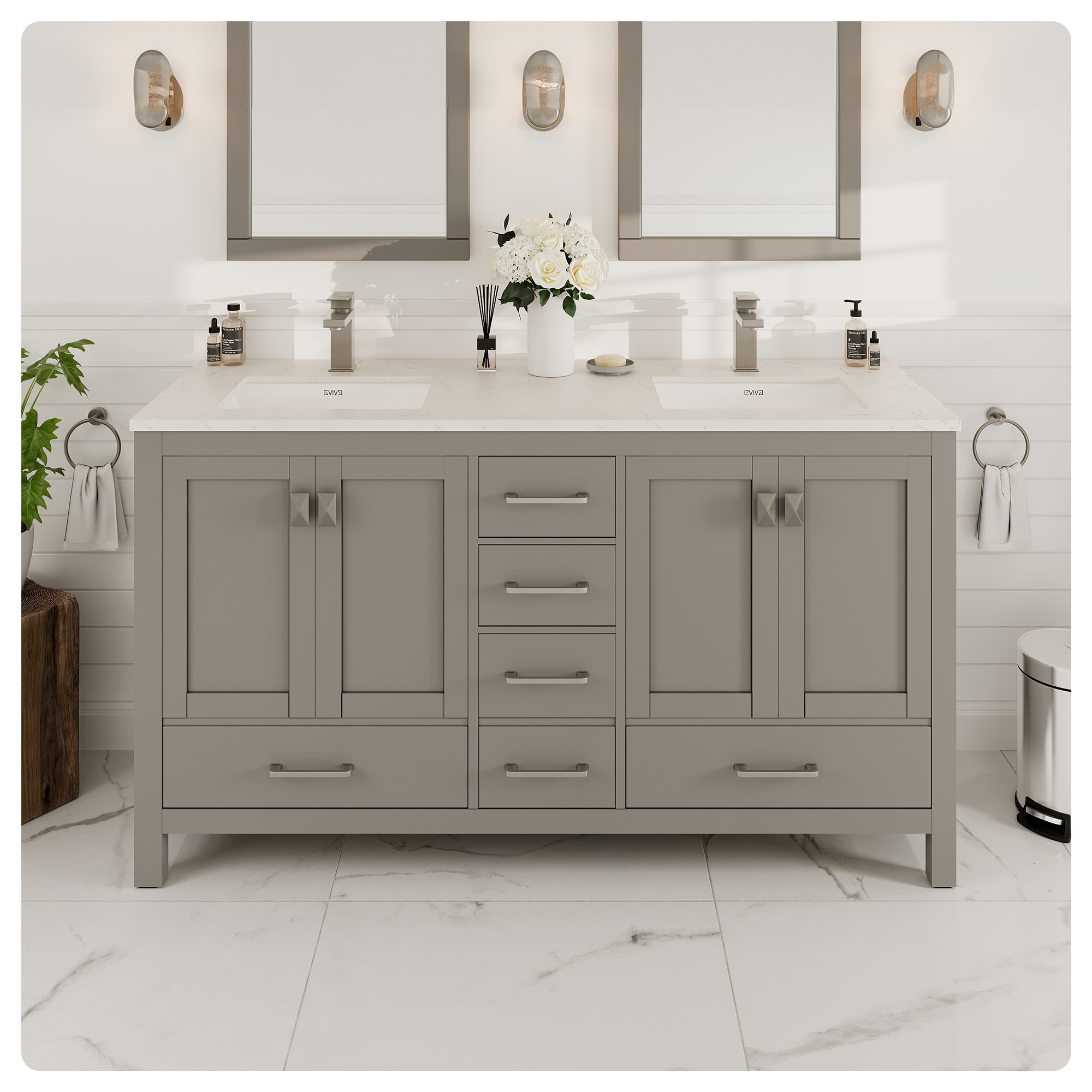 Eviva TVN414-60X18GR London 60-in Gray Undermount Double sink Bathroom Vanity with White Quartz Top