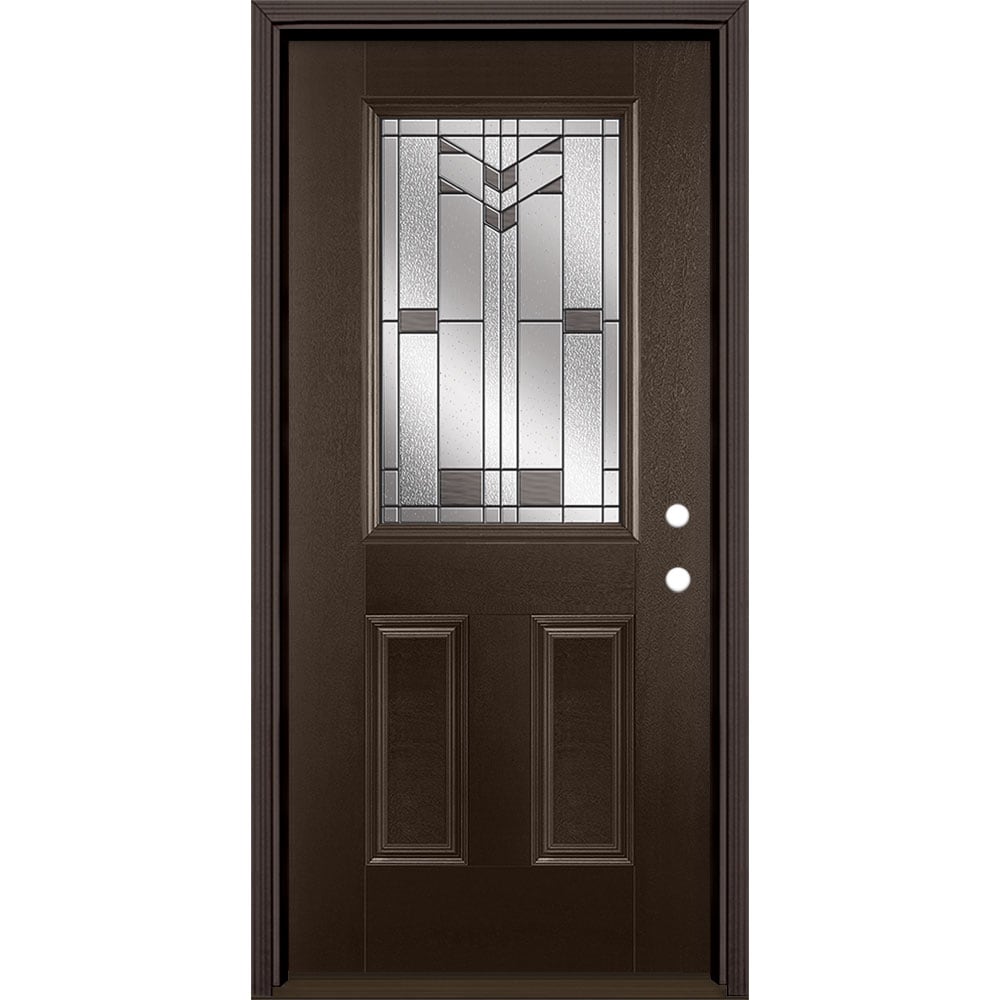 Masonite 3420255 Frontier 36-in x 80-in x 4-9/16-in Fiberglass Half lite Left-hand inswing Walnut Stained Prehung Front Door with Brickmould Insulating core