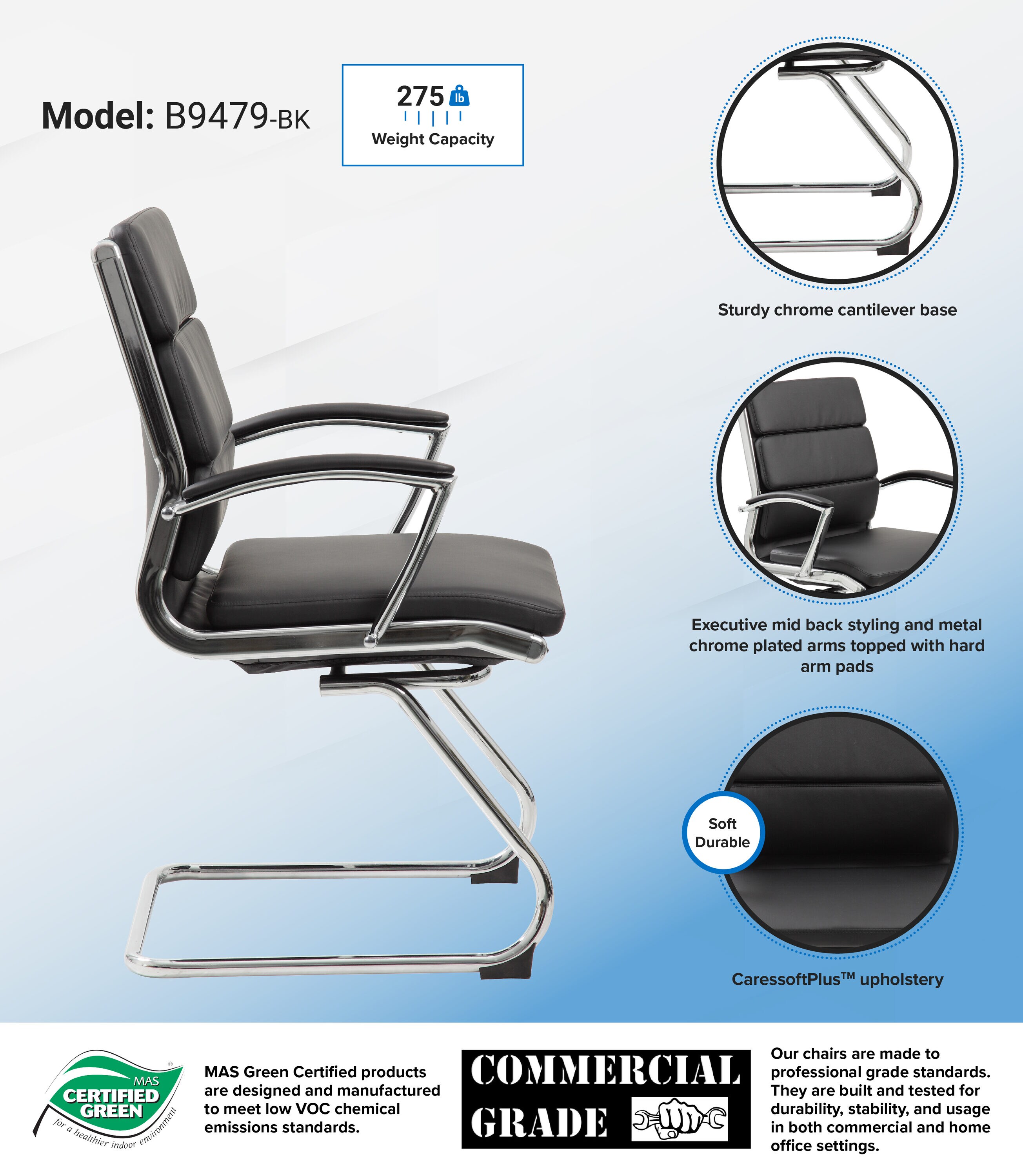 Modern Executive CaressoftPlus Guest Chair with Chrome Frame, Black