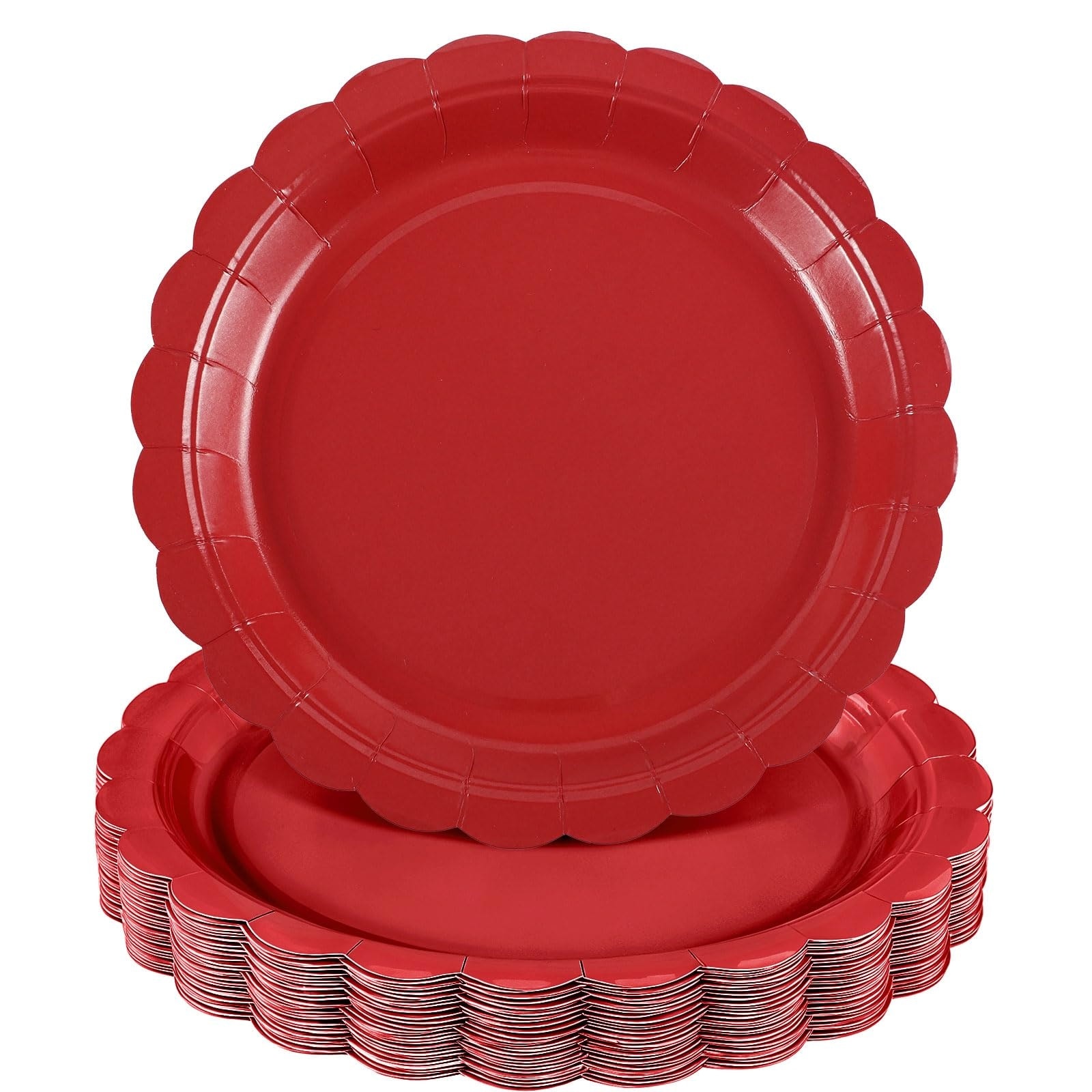 Anqtovp  30 pcs Red Paper Plates 9 Inch Scalloped Disposable Waterproof Oilproof Dessert Dinner Party Set for Birthday Christmas Picnic