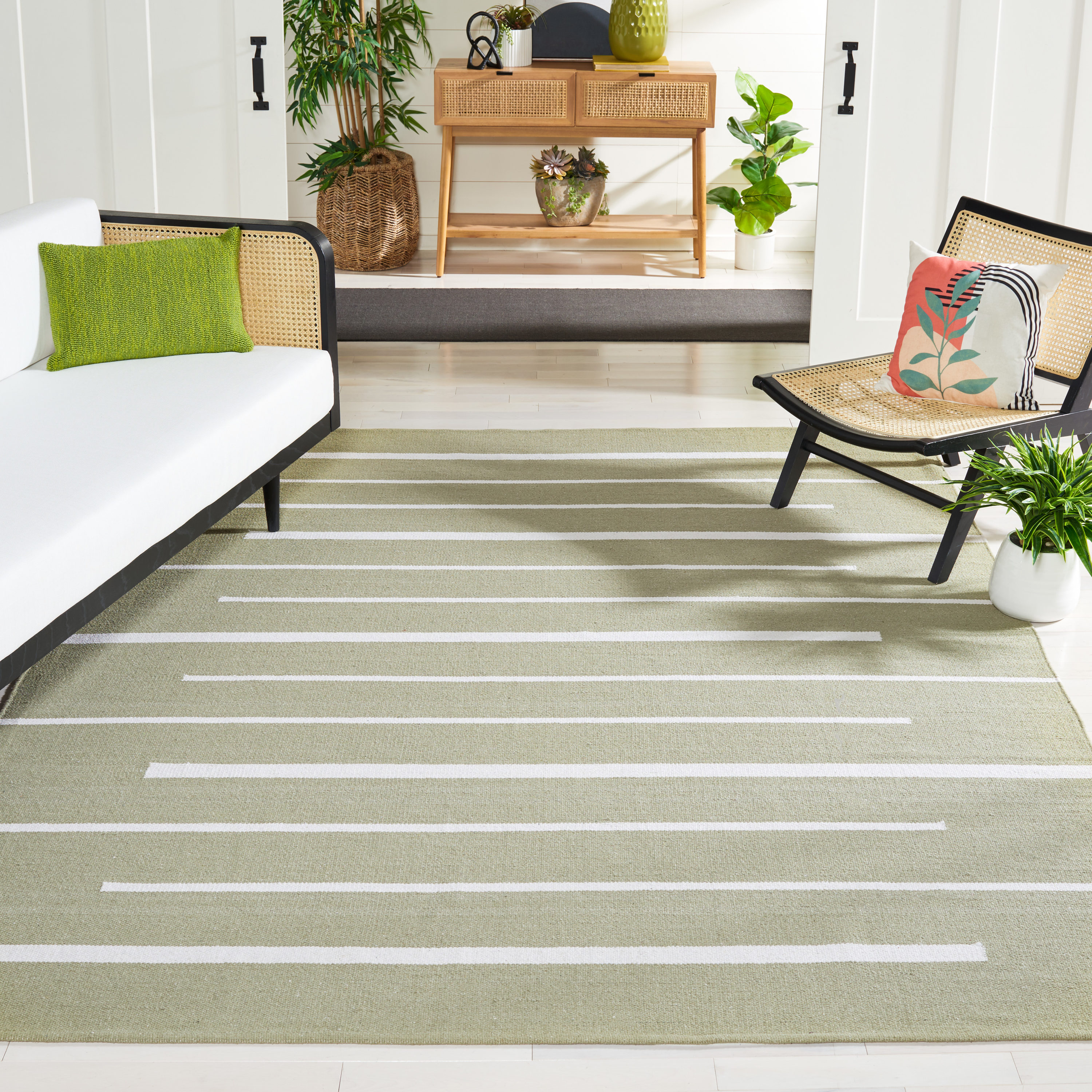 Ivory Coastal Stripe 6' Square Handmade Cotton Area Rug