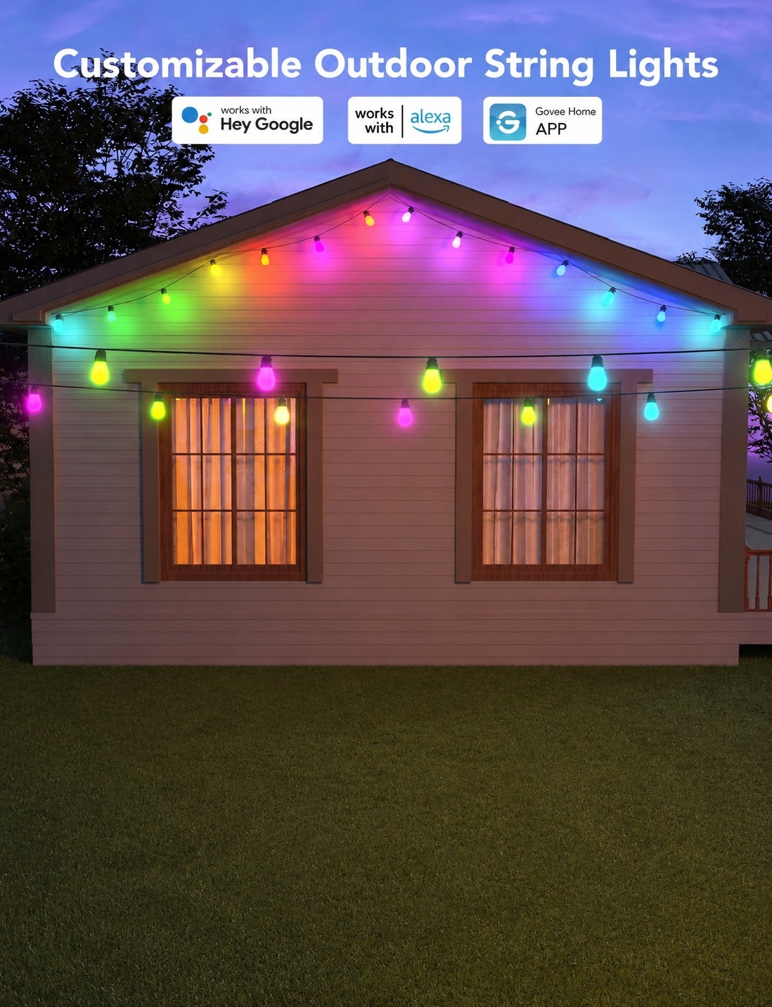 Aoibox 96FT RGBIC Smart Outdoor String Lights WiFi 2700K Warm White LED ...