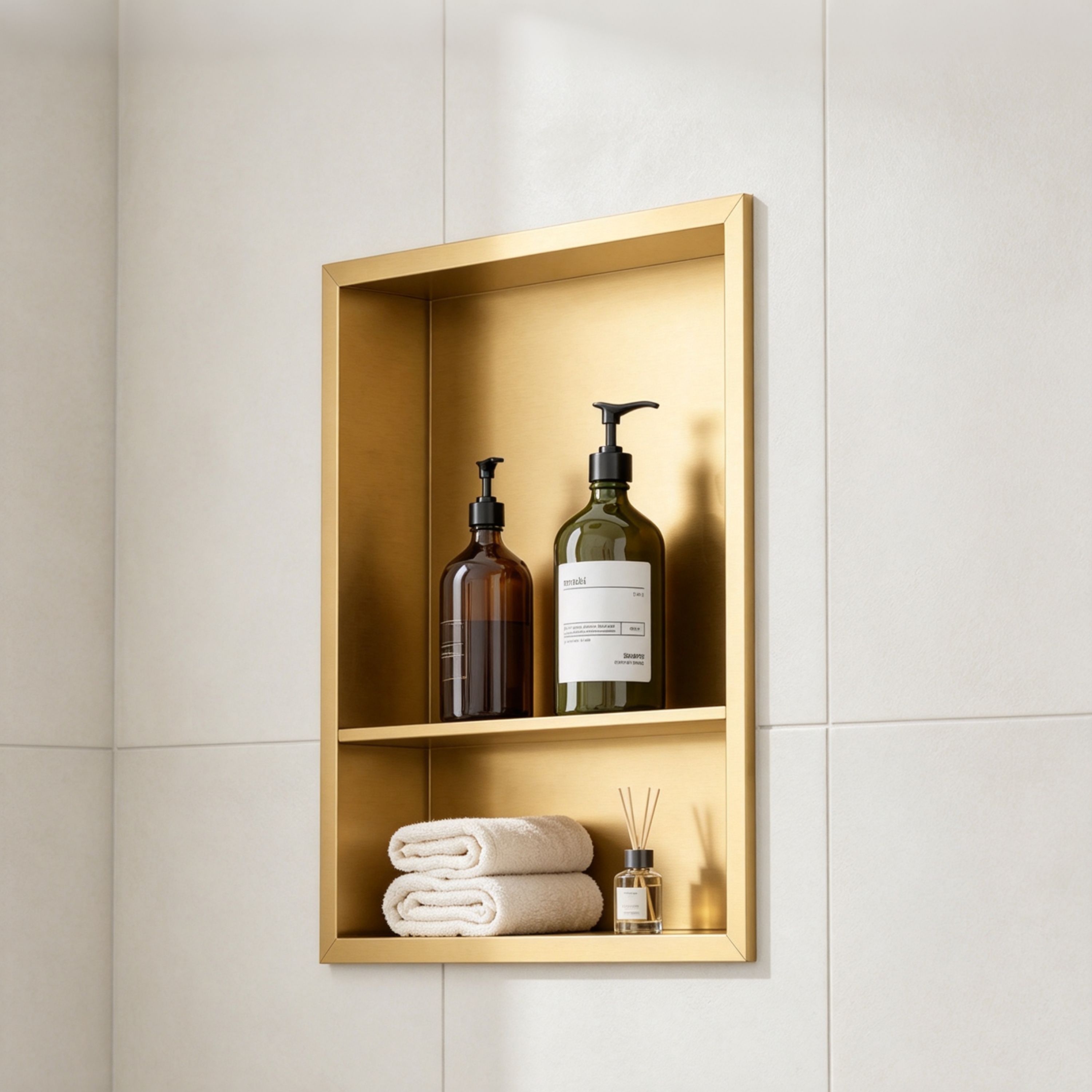 Velusian 16 in. W x 20 in. H x 4 in. D Waterproof Stainless Steel Recessed Shower Niche with Double Shelves in Brushed Gold