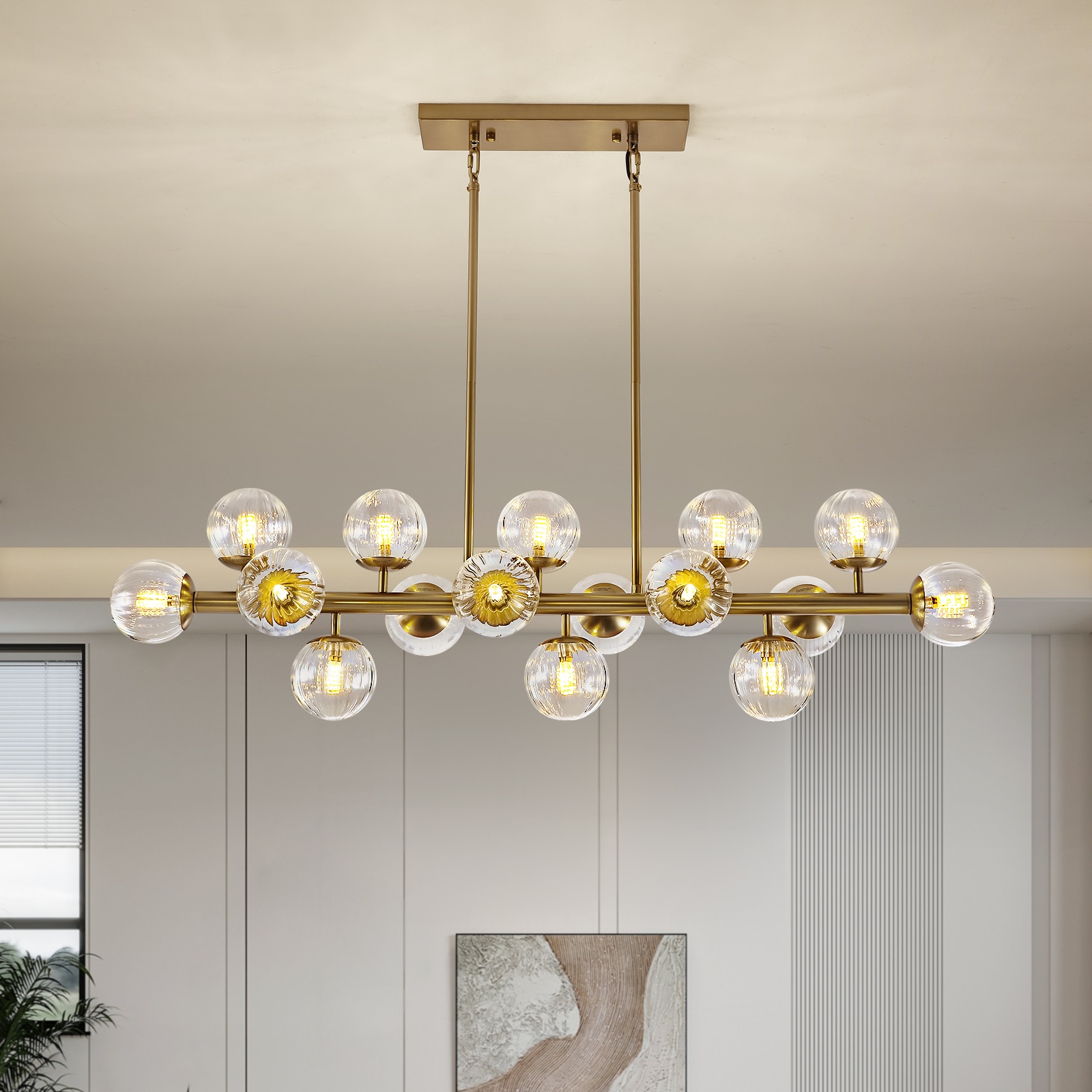 WDETR  16-Light Mid Century Modern Glass Brass Globe Sputnik Linear Chandelier for Dining Room Kitchen Island and Clear Bubble
