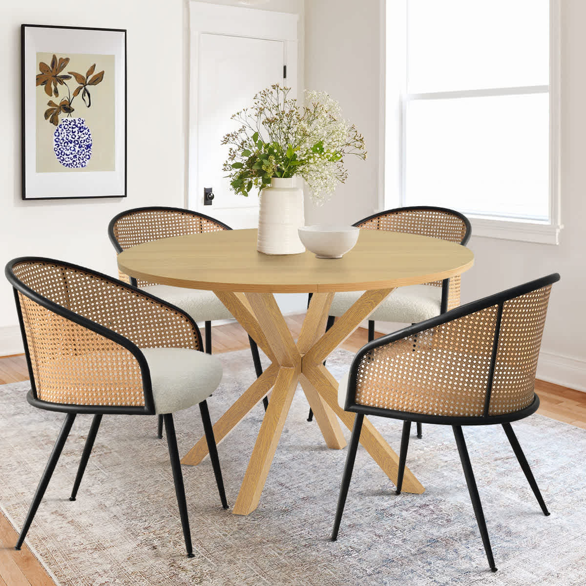 Maison Boucle OLIVER-WD+JULES-OKWH 5-Piece Oak Round Dining Table Set with Rattan Back Boucle Chairs Modern Dining Set for Kitchen