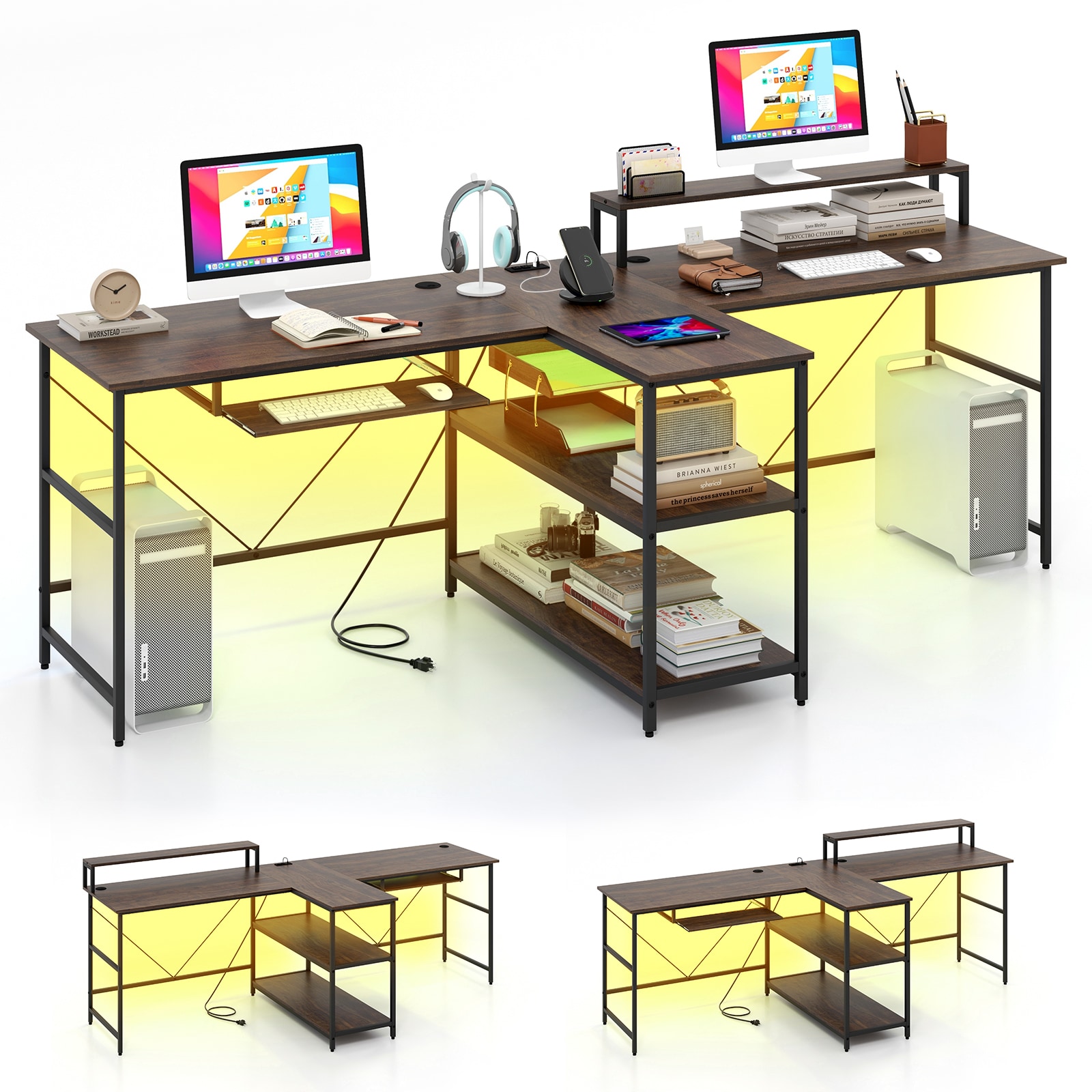 Slickblue Modern 2 Person Reversible Computer Desk with LED Lights USB Ports and Shelves for Home Office or Gaming Room - Available in Different Colors