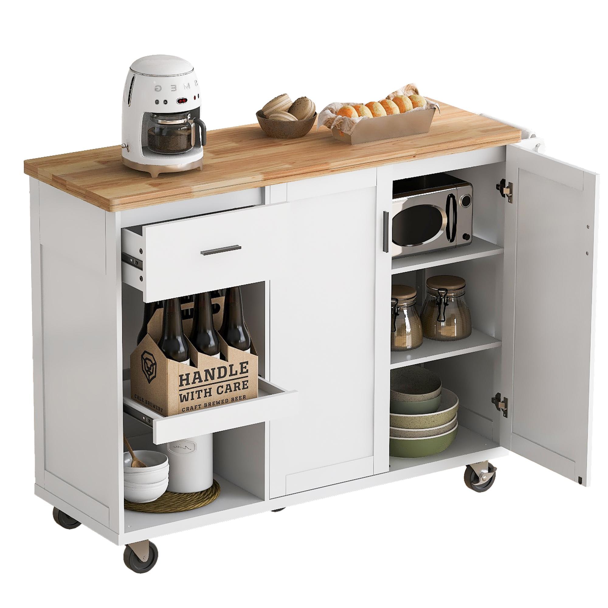 Bayfeve White Rolling Kitchen Island with Drop Leaf Countertop, with Storage Cabinet and Tower Rack