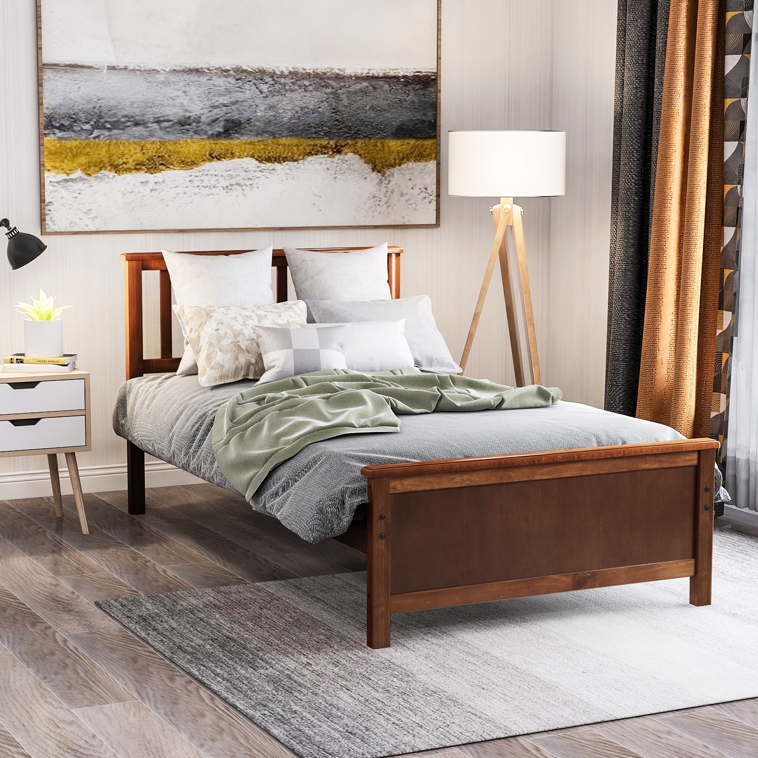 Qualler - Twin Walnut Wood Platform Bed with Headboard
