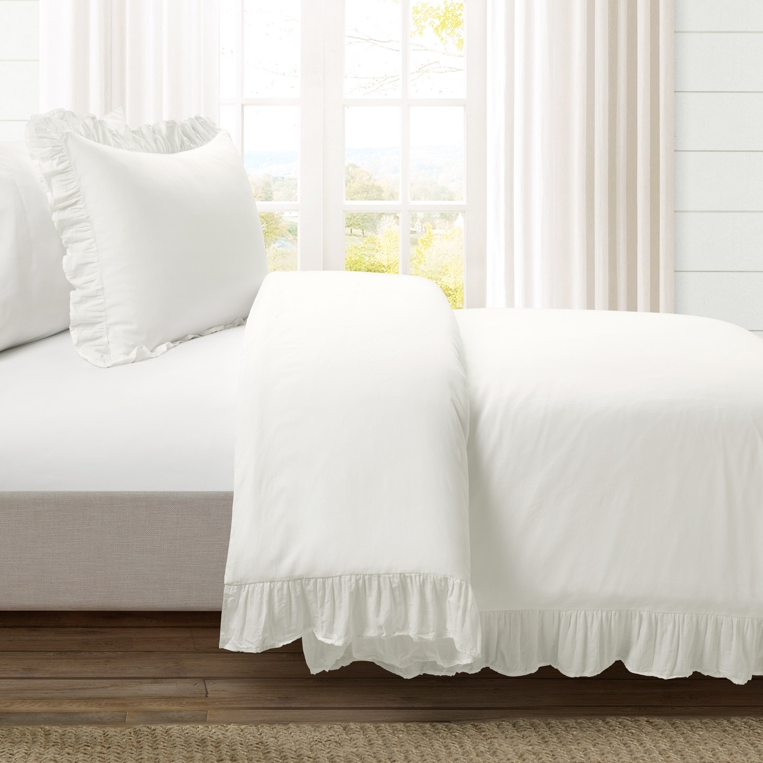 White Cotton Twin XL Ruffled Duvet Cover Set