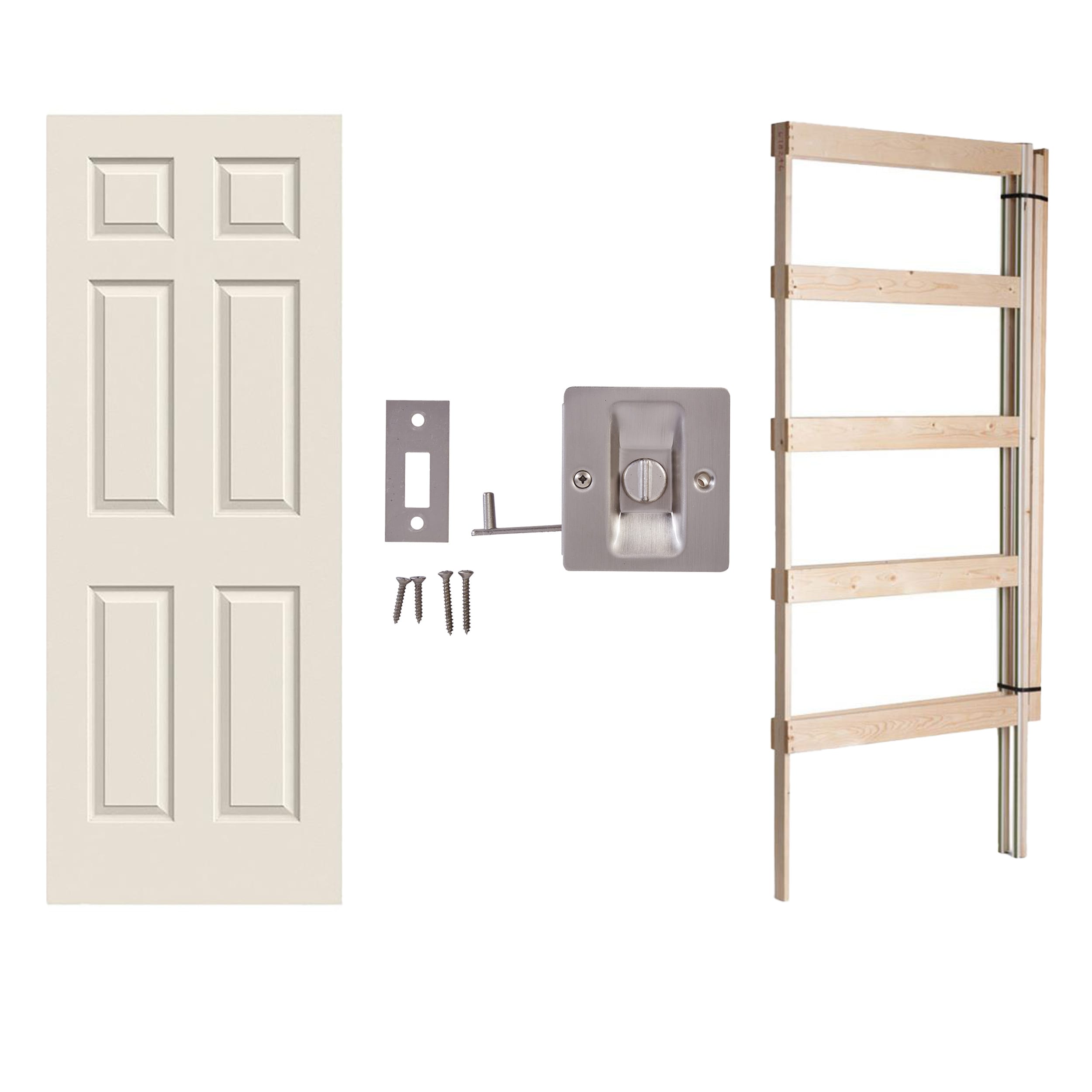 JELD-WEN JELD-WEN Colonist 32-in x 80-in 6-panel Hollow Core Primed Molded Composite Slab Door + Wood and Steel Pocket Door Frame