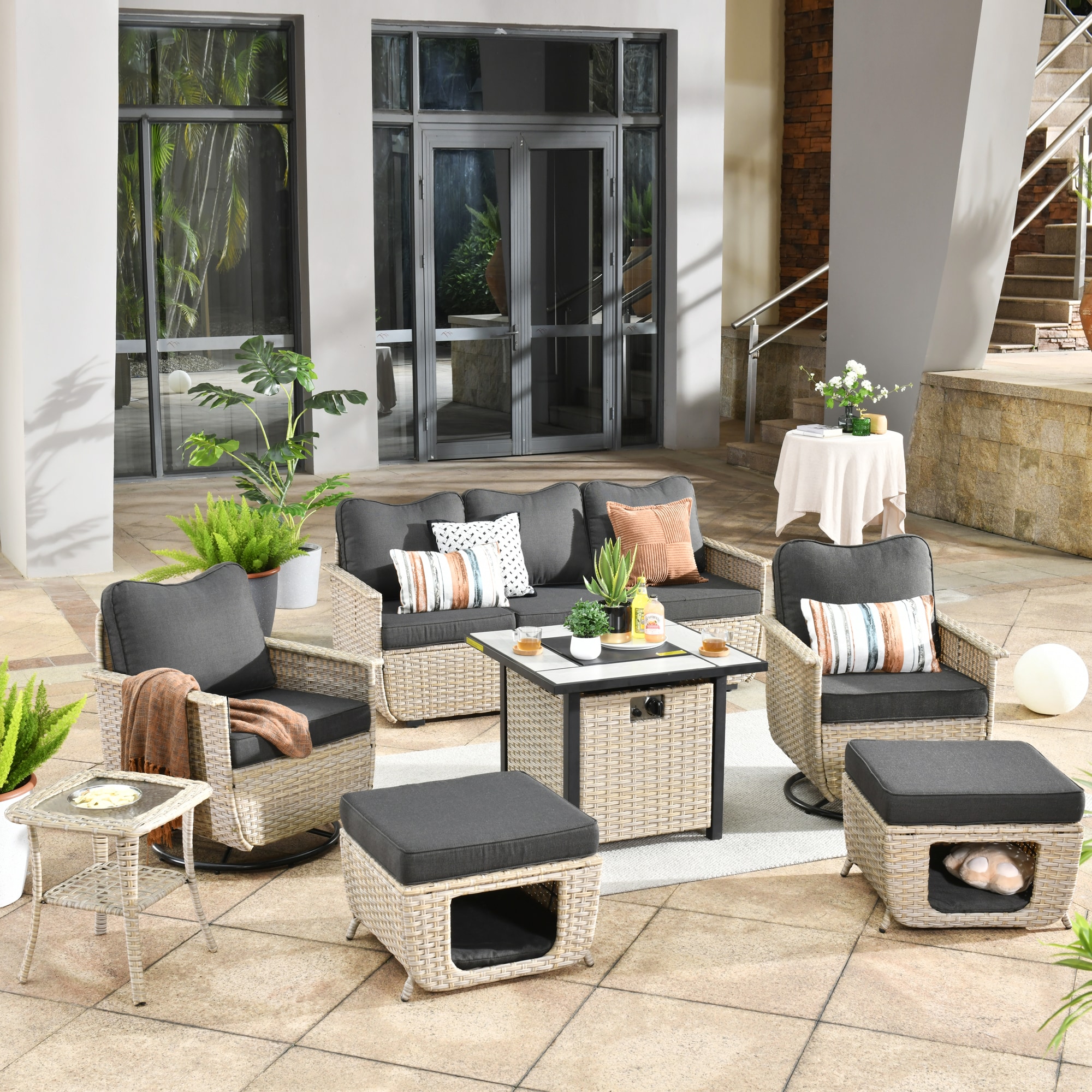 Pouuin SYZCAT1007 7 -Piece Patio Sofa Conversation Set with Black