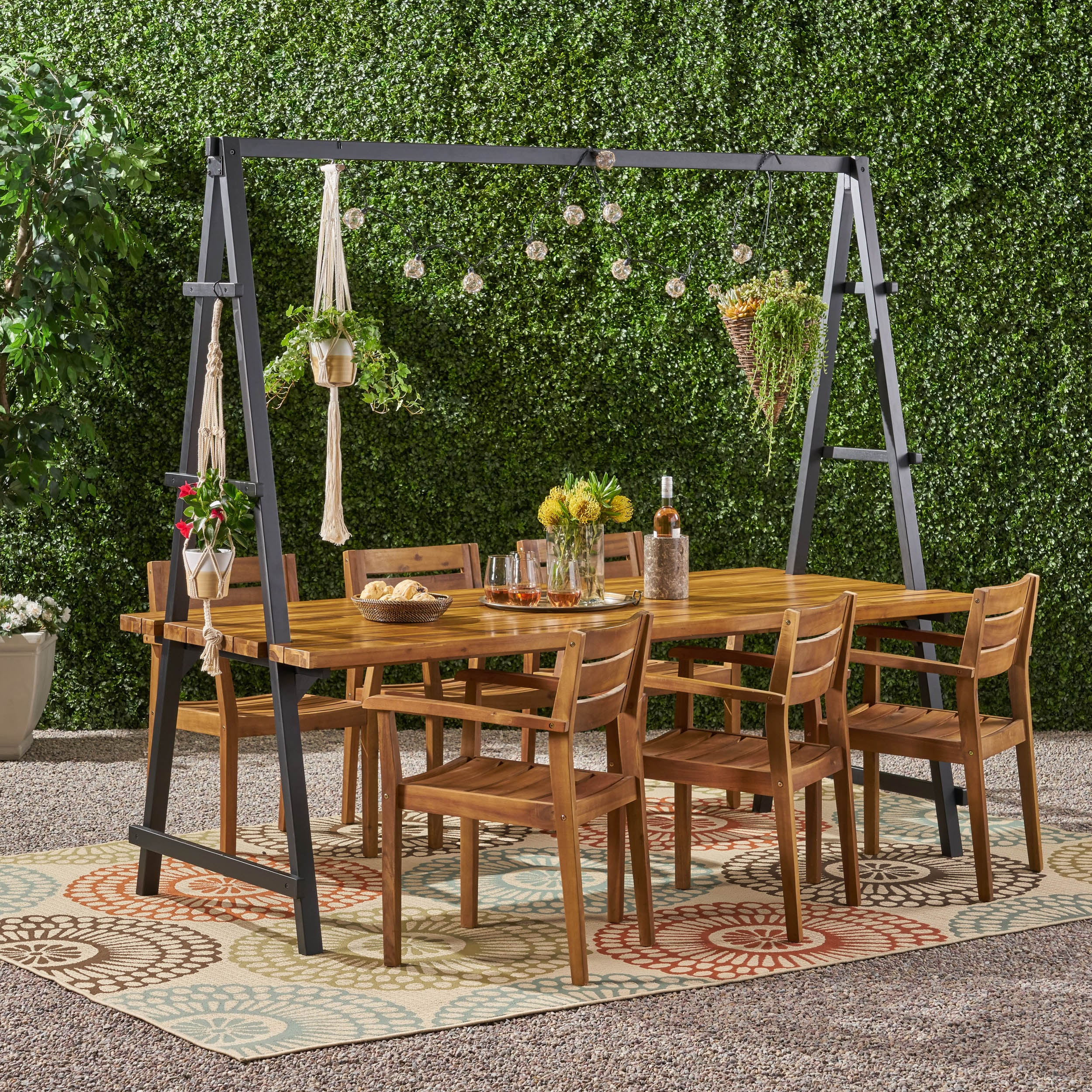 Christopher Knight Home 309740 Terabithia Outdoor Modern 6 Seater Acacia Wood and Iron Dining Set with Planter Table Teak and Black