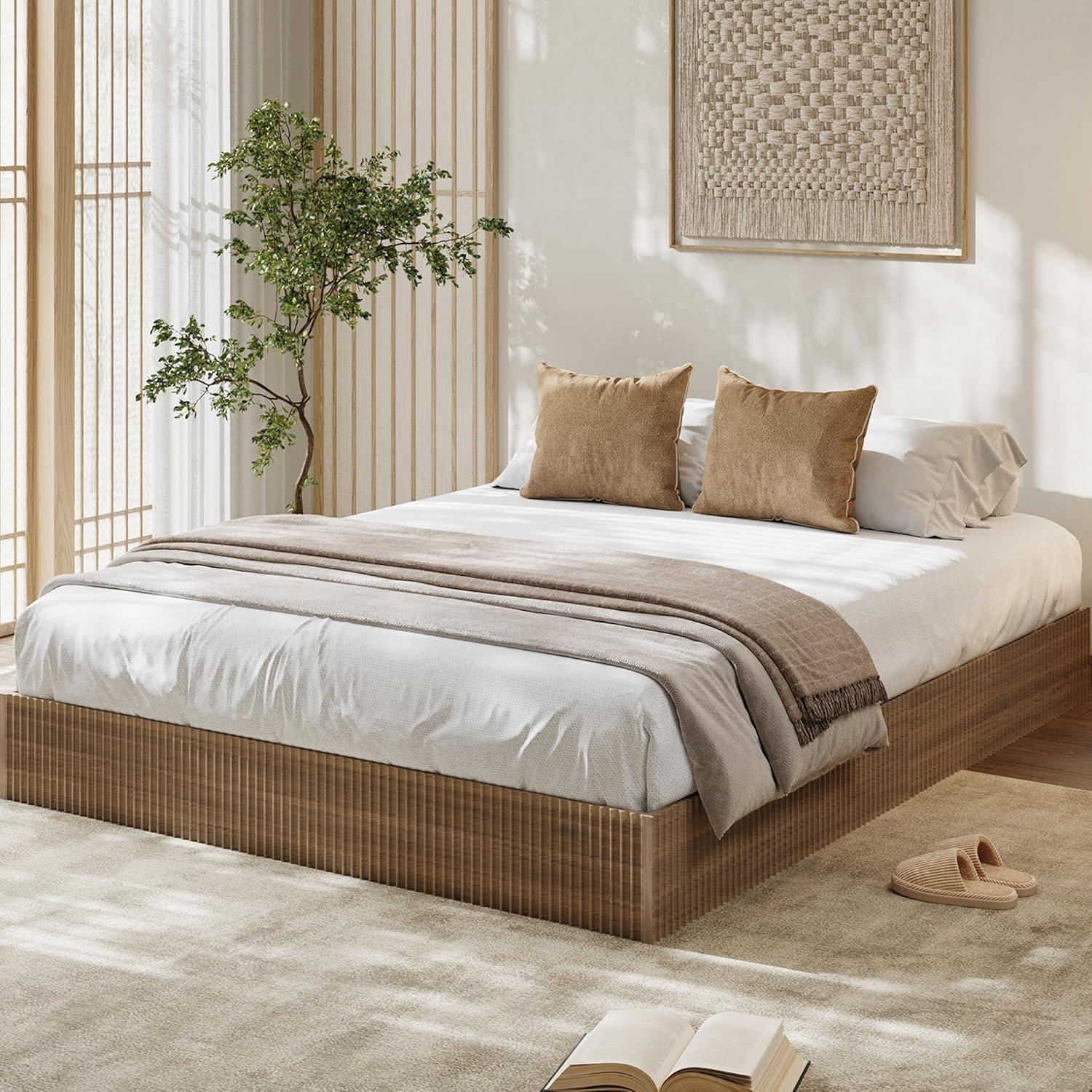 King Size Walnut Wood Platform Bed Frame With Fluted Design Low Profile Minimalist Base Noise Free Easy Assembly No Box Spring Needed
