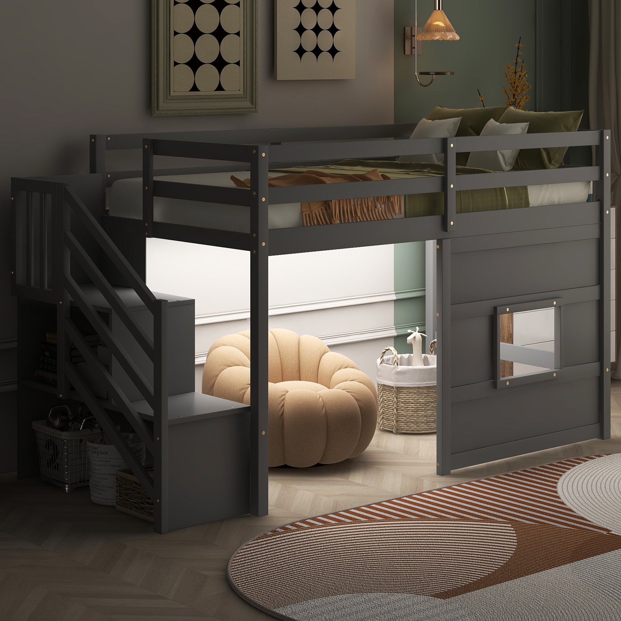 Twin Size Floor Bed with Fence without Door Rubber Wood Floor Bed with Safety Guardrails Natural