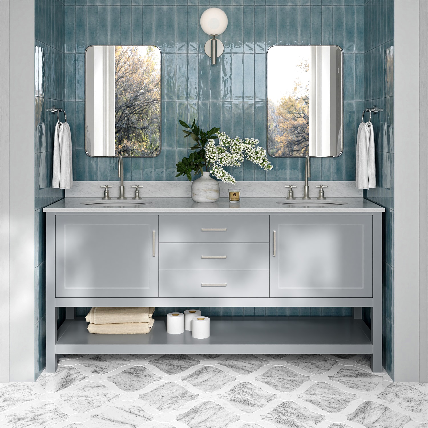 ARIEL - Bayhill 72-in Gray Undermount Double Sink Bathroom Vanity with 0.75" Carrara White Marble...
