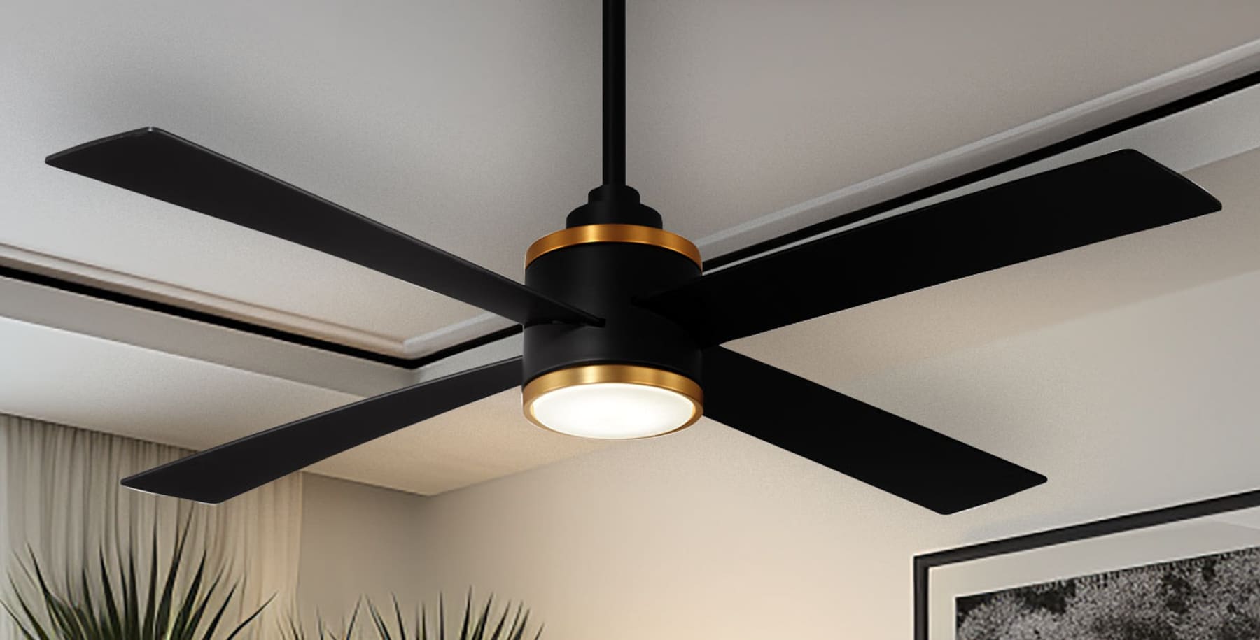 Minka Aire F796L-CL/SBR Falco 54-in Integrated LED Black and Soft Brass with Black Blades Ceiling Fan With Light and Remote ( 4 -Blade )
