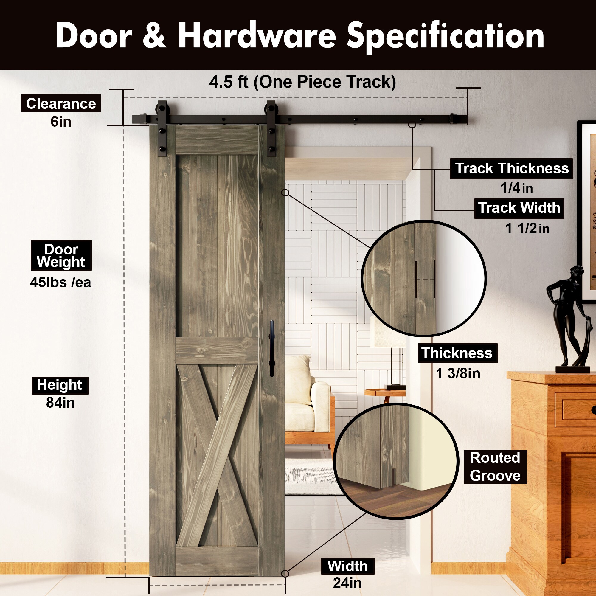 HOMACER YT1TGH054C-2484-X-GR Barn-Doors - View #7